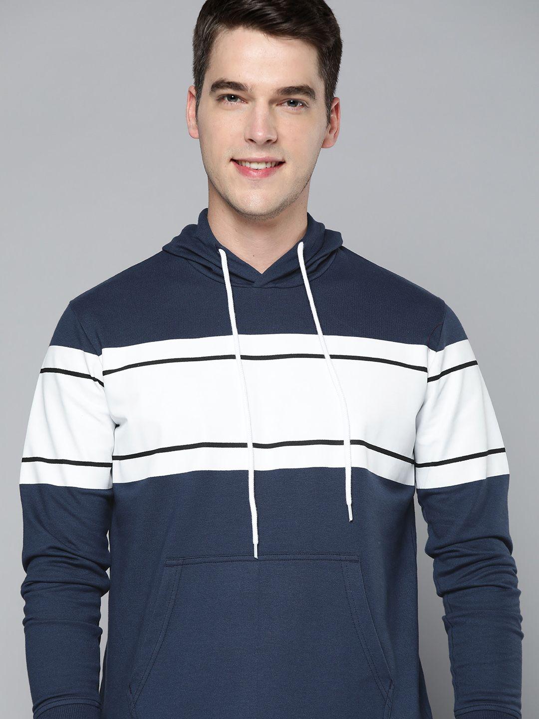 mast & harbour men navy blue & white striped hooded sweatshirt