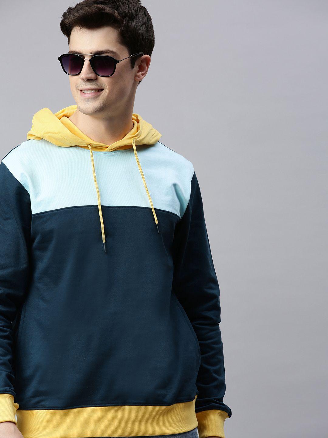 mast & harbour men navy blue colourblocked hooded sweatshirt