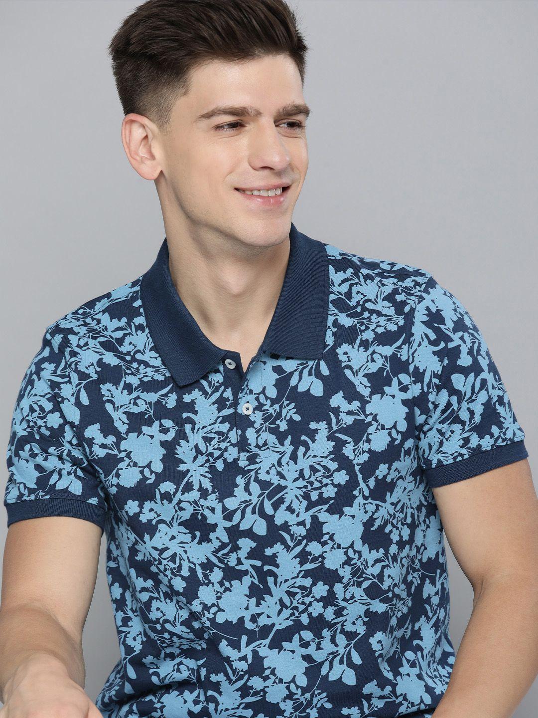 mast & harbour men navy blue floral printed polo collar pure cotton t-shirt