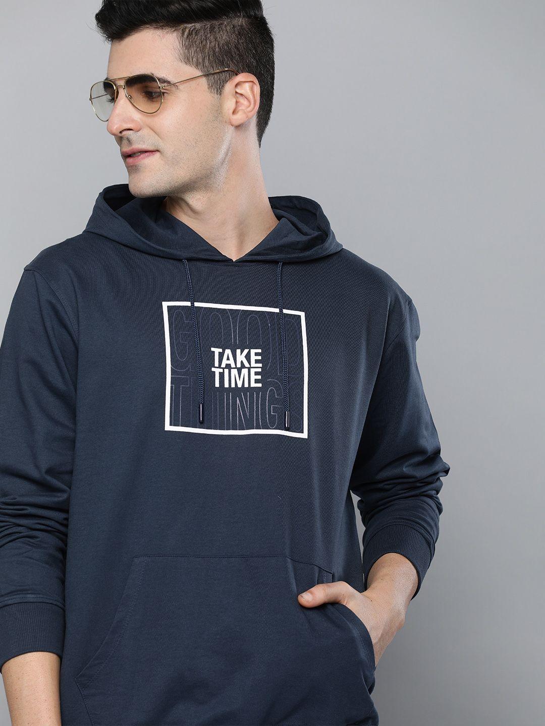 mast & harbour men navy blue printed hooded sweatshirt