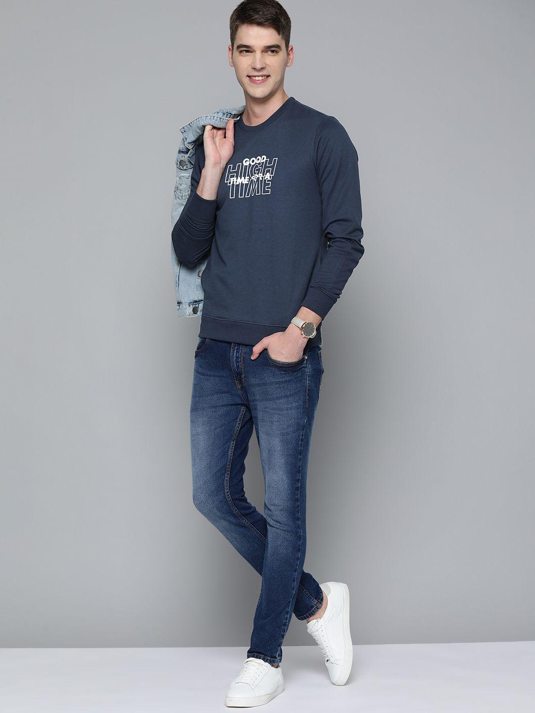 mast & harbour men navy blue printed sweatshirt