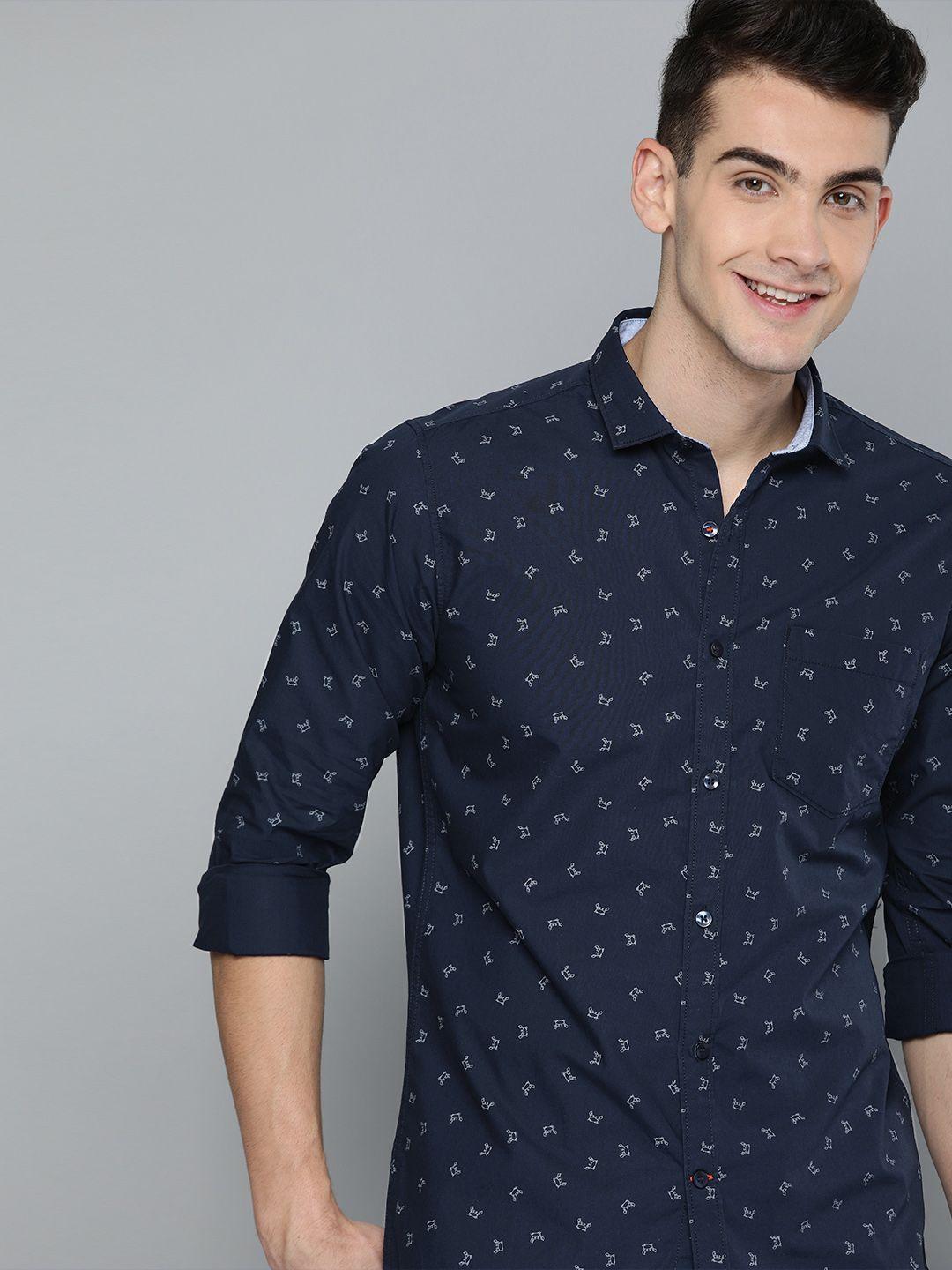 mast & harbour men navy blue regular fit printed casual shirt