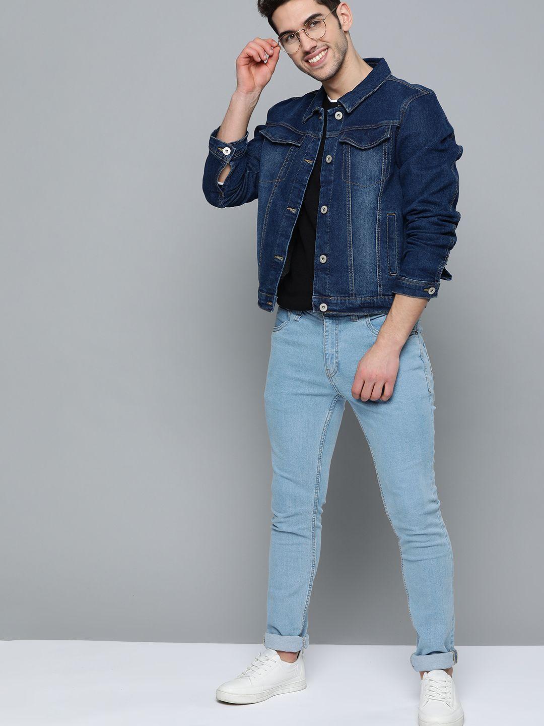 mast & harbour men navy blue solid denim jacket