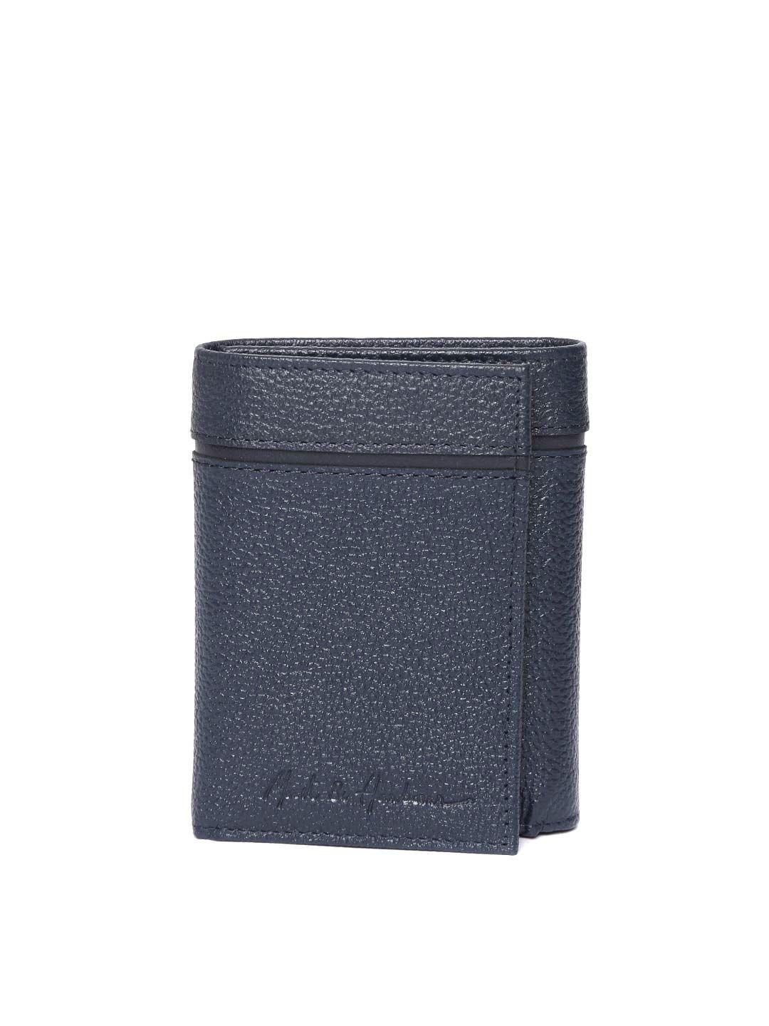 mast & harbour men navy blue solid leather three fold wallet