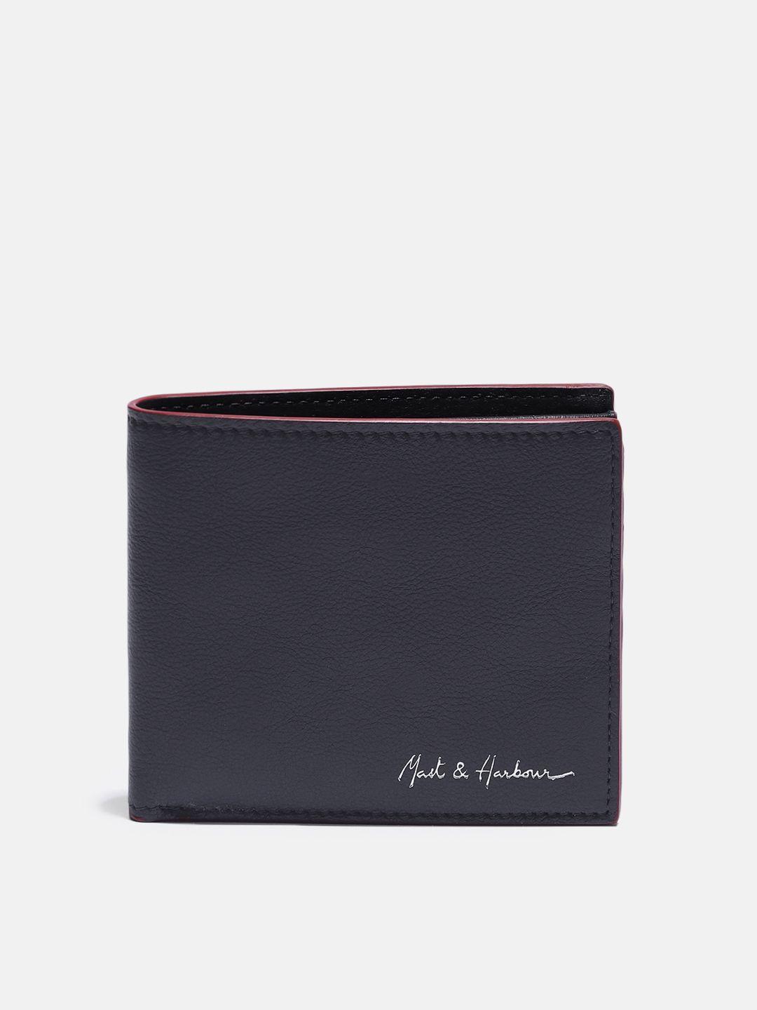 mast & harbour men navy blue solid leather two fold wallet