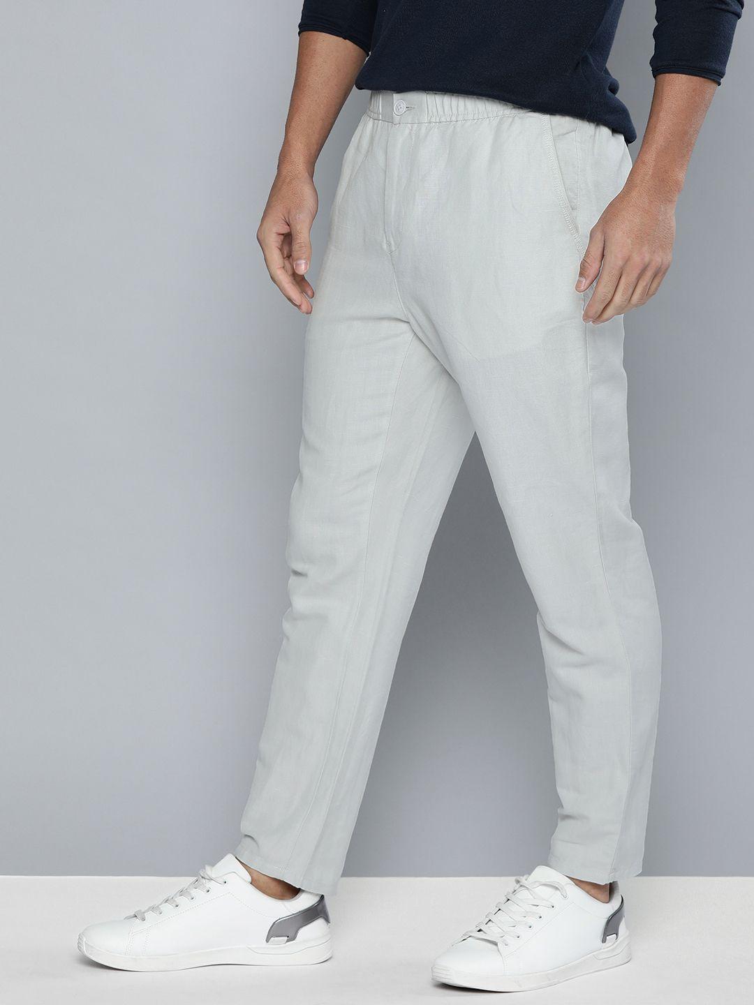 mast & harbour men off-white regular fit solid linen cotton trousers