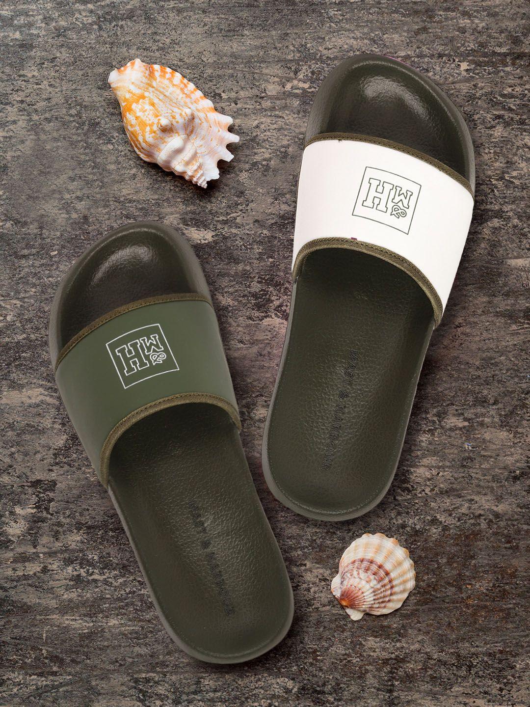 mast & harbour men olive green & off white brand logo printed sliders