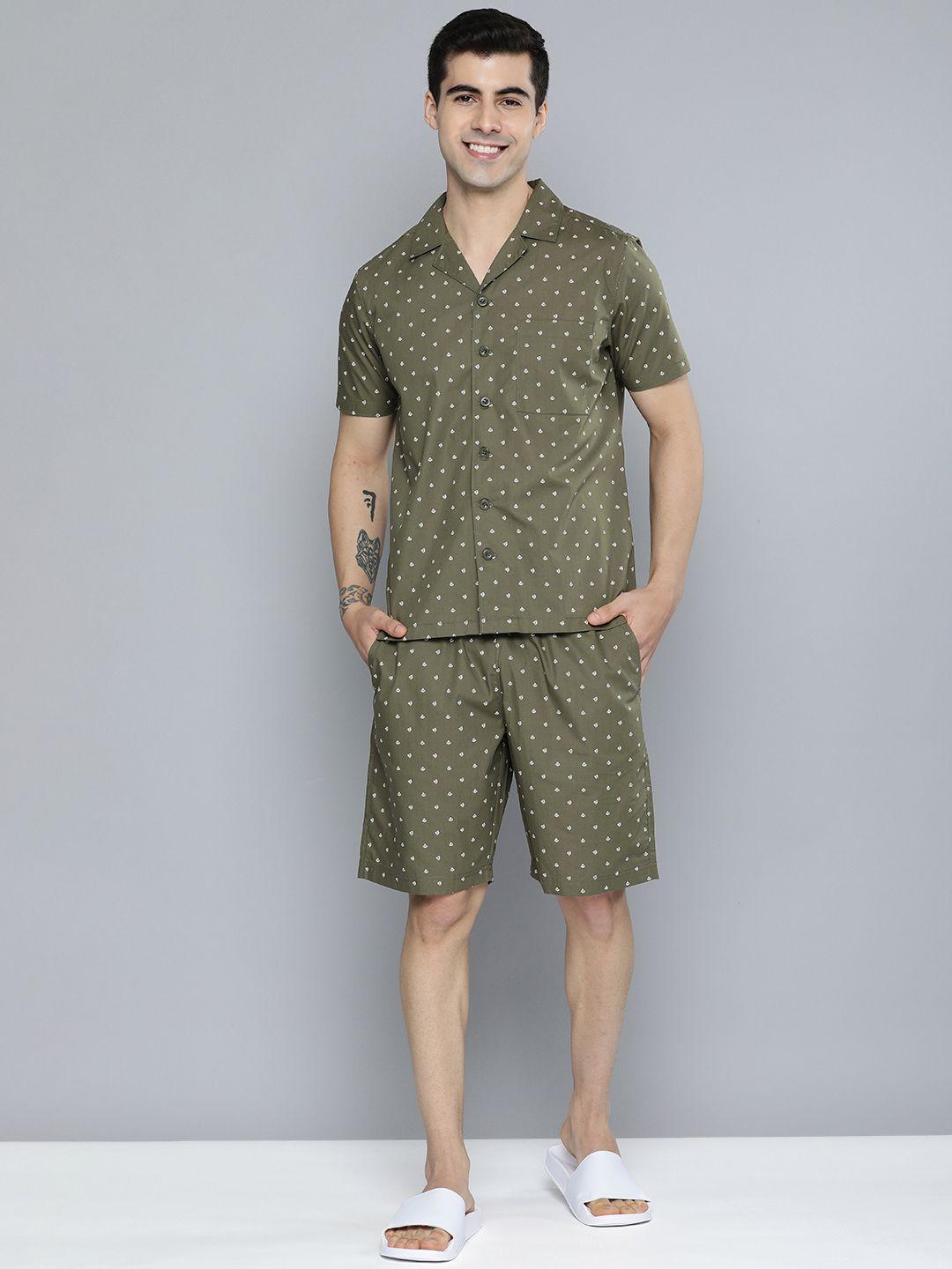 mast & harbour men olive green & white printed pure cotton night suit