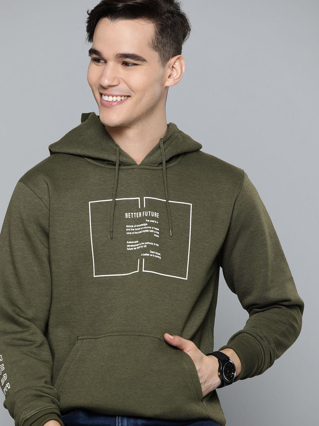 mast & harbour men olive green printed hooded sweatshirt