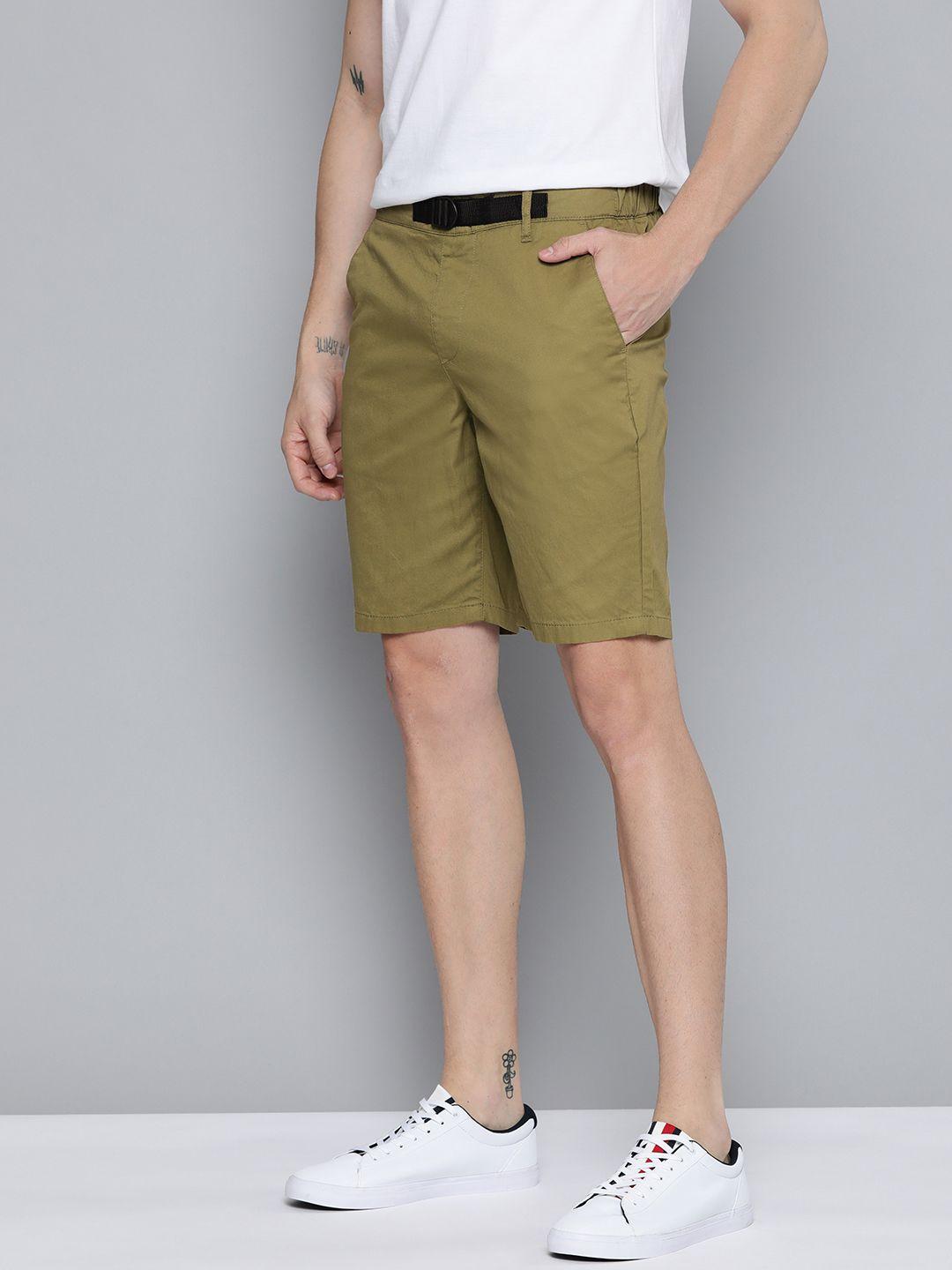 mast & harbour men olive green pure cotton regular shorts