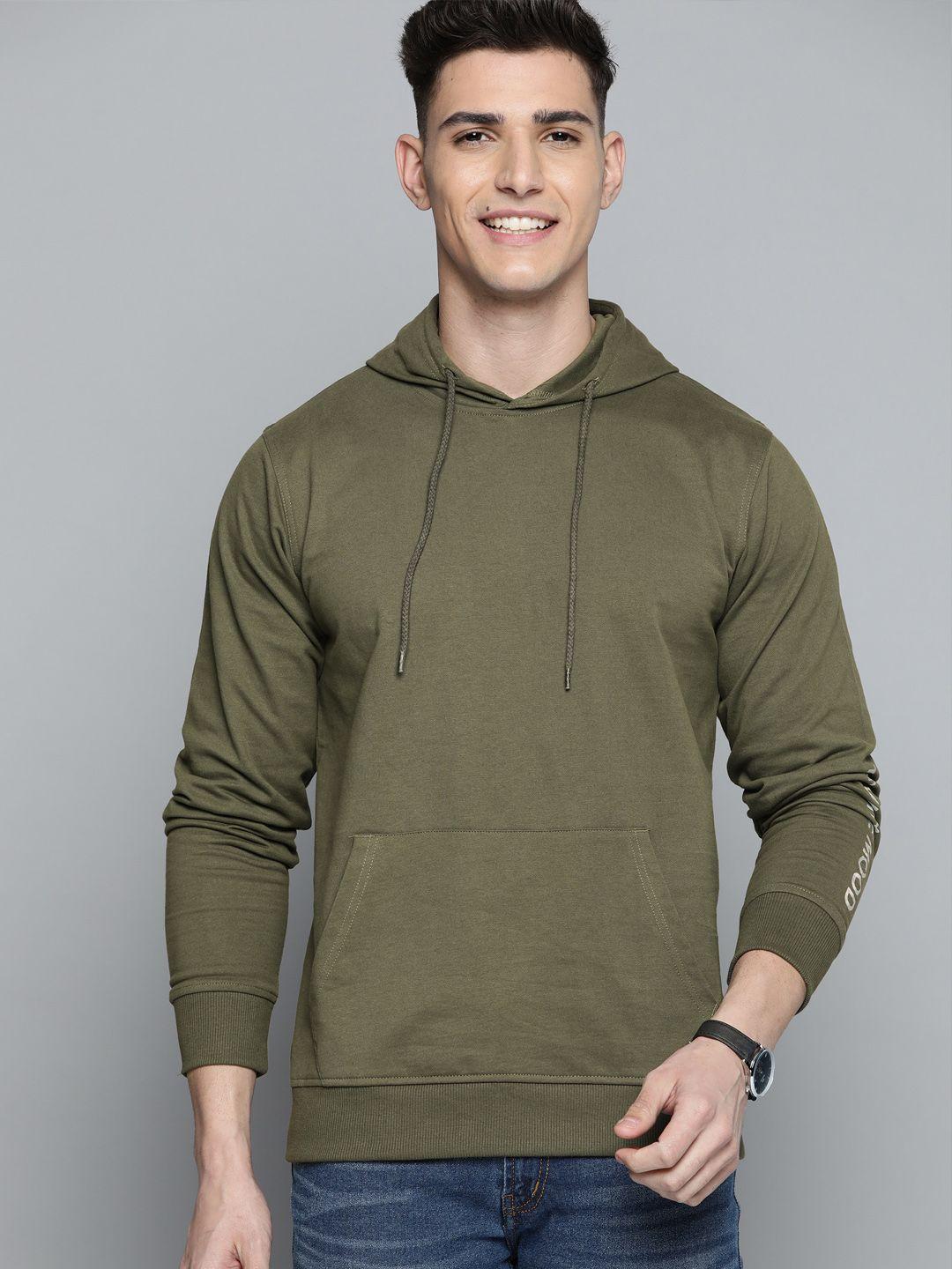 mast & harbour men olive green pure cotton solid hooded sweatshirt