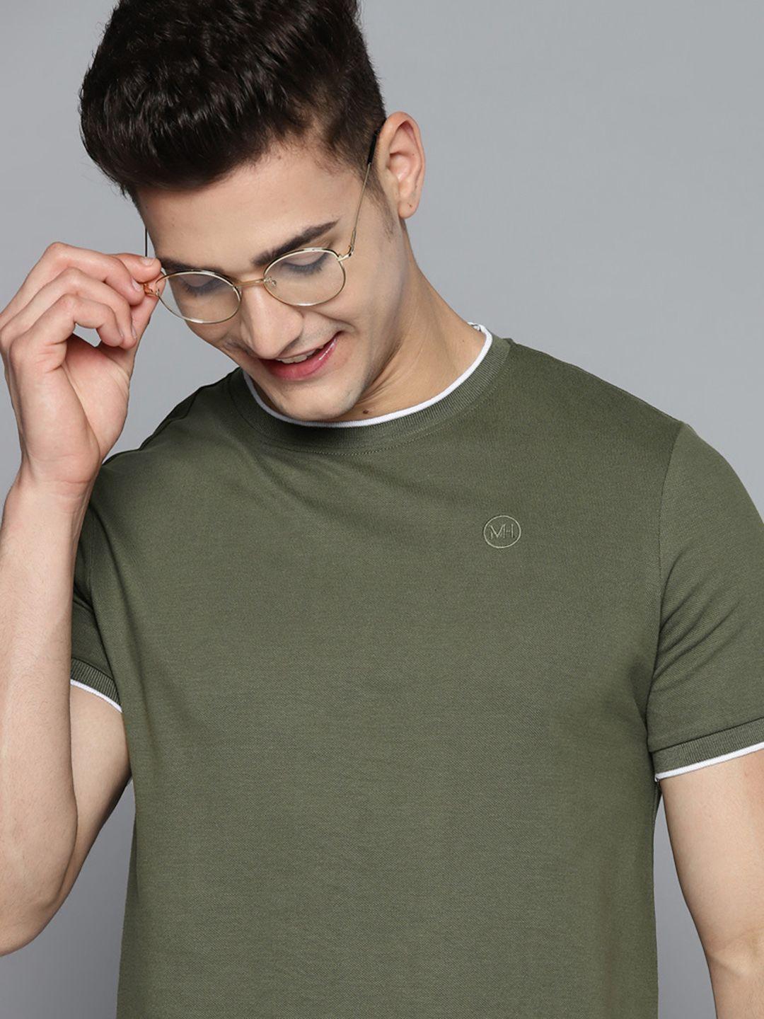 mast & harbour men olive green pure cotton solid t-shirt