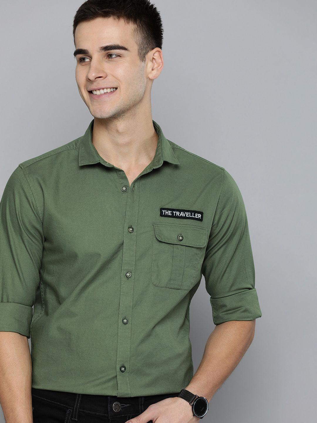 mast & harbour men olive green regular fit solid casual sustainable shirt with applique detailing