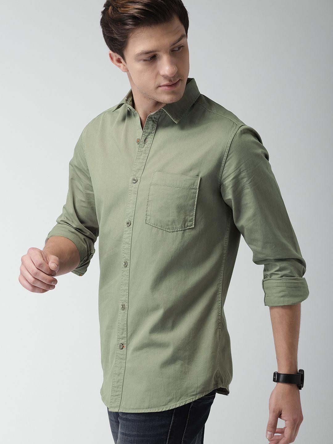 mast & harbour men olive green slim fit solid casual shirt