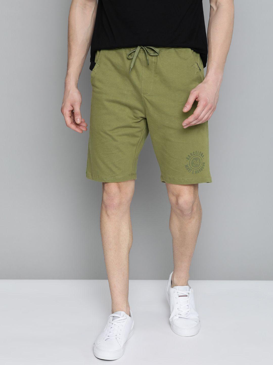 mast & harbour men olive green solid pure cotton regular shorts