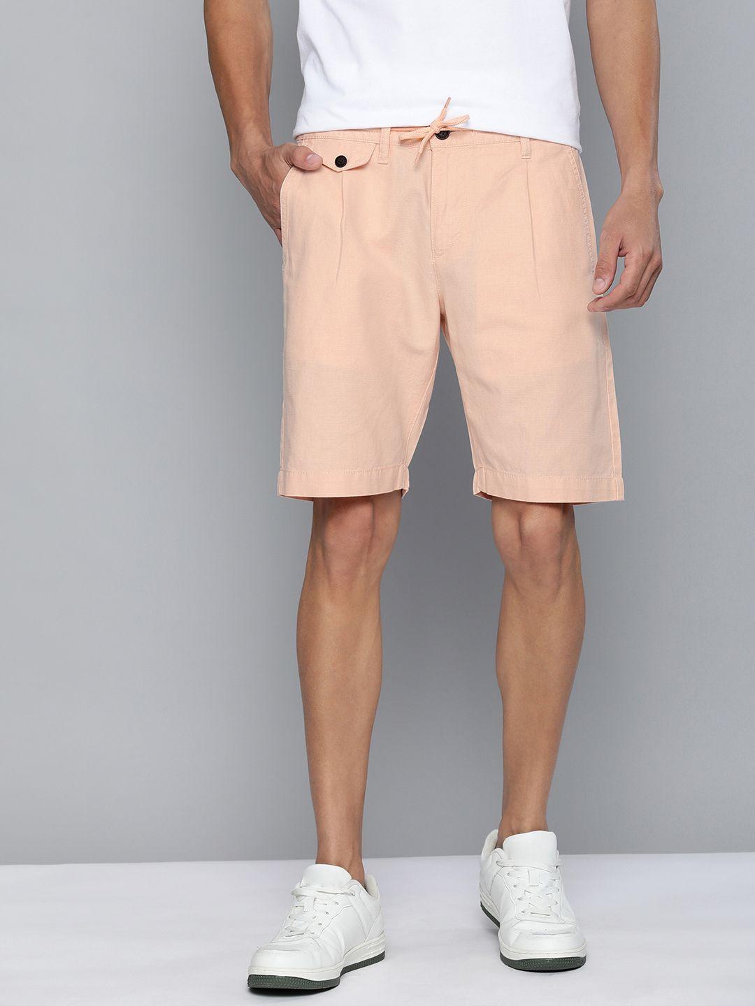 mast & harbour men peach-coloured cotton linen chino shorts