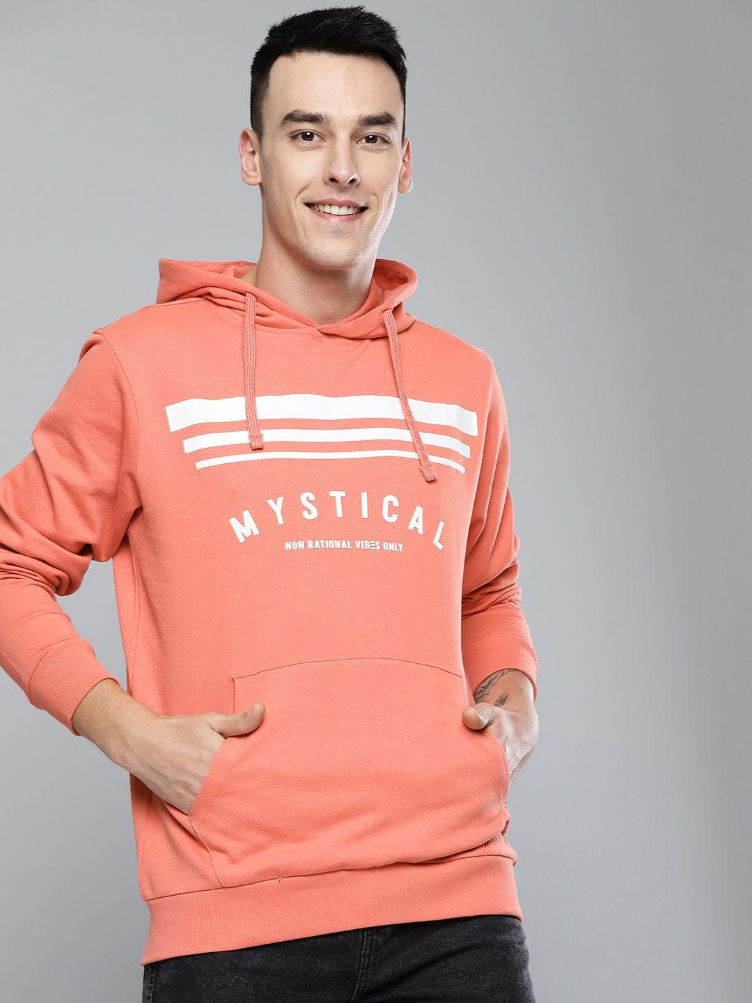 mast & harbour men peach-coloured printed hooded sweatshirt