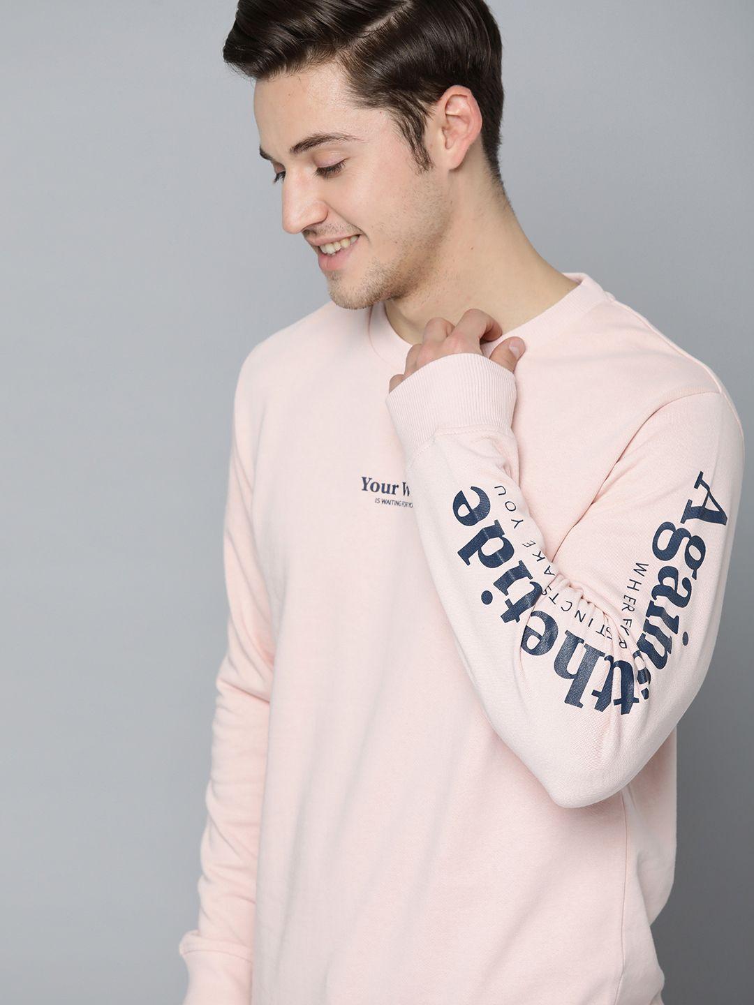 mast & harbour men peach-coloured pure cotton solid sweatshirt