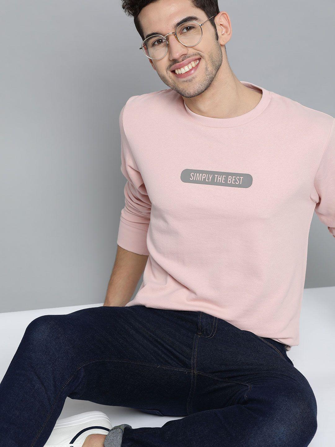 mast & harbour men peach-coloured solid cotton sweatshirt