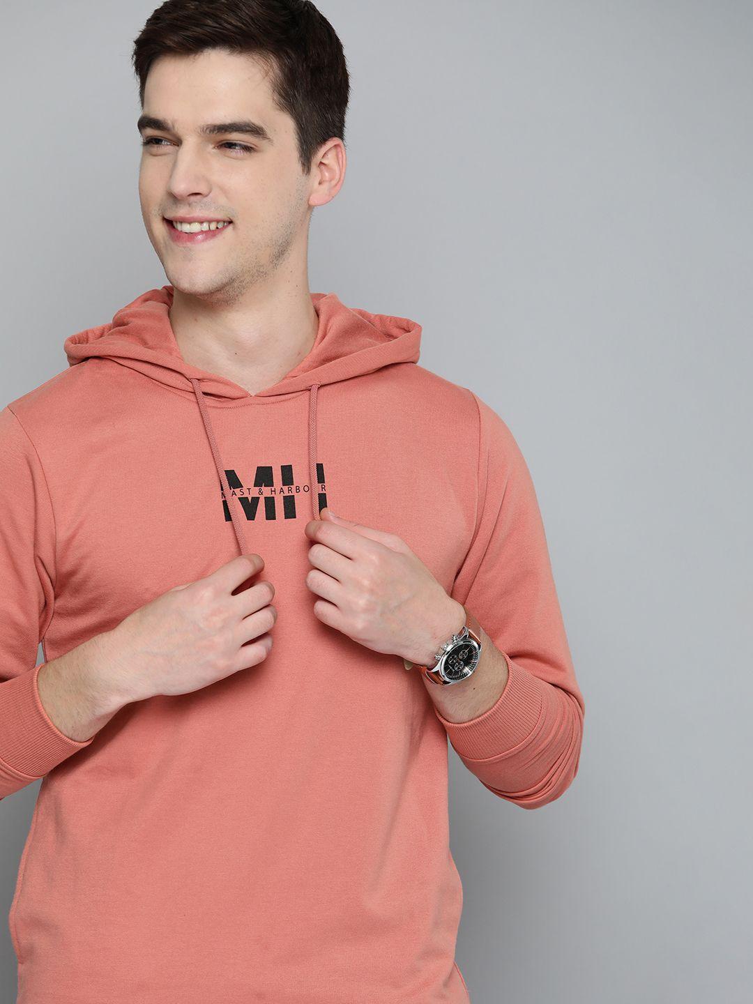 mast & harbour men peach-coloured solid hooded sweatshirt