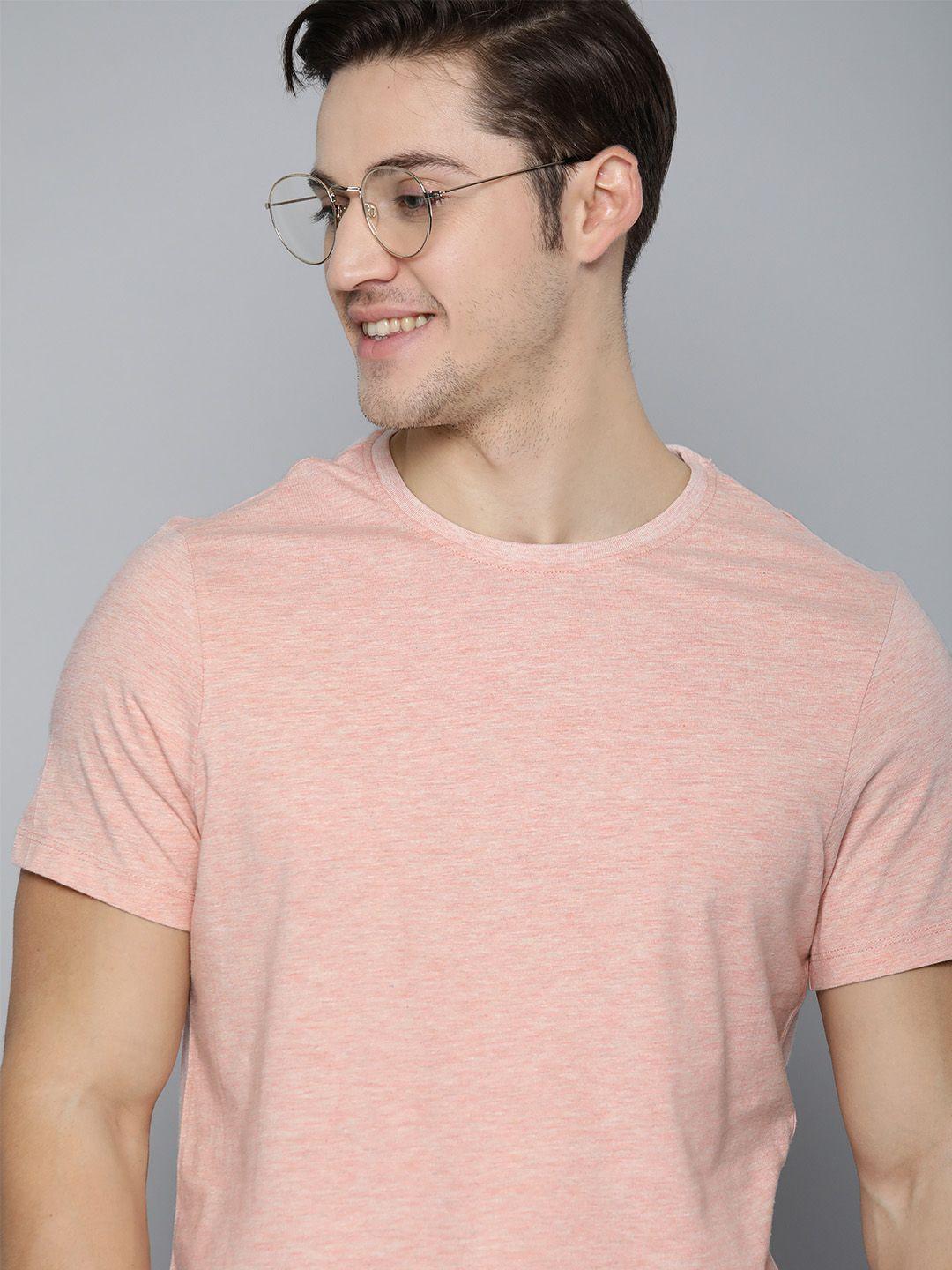 mast & harbour men peach-coloured solid round neck t-shirt