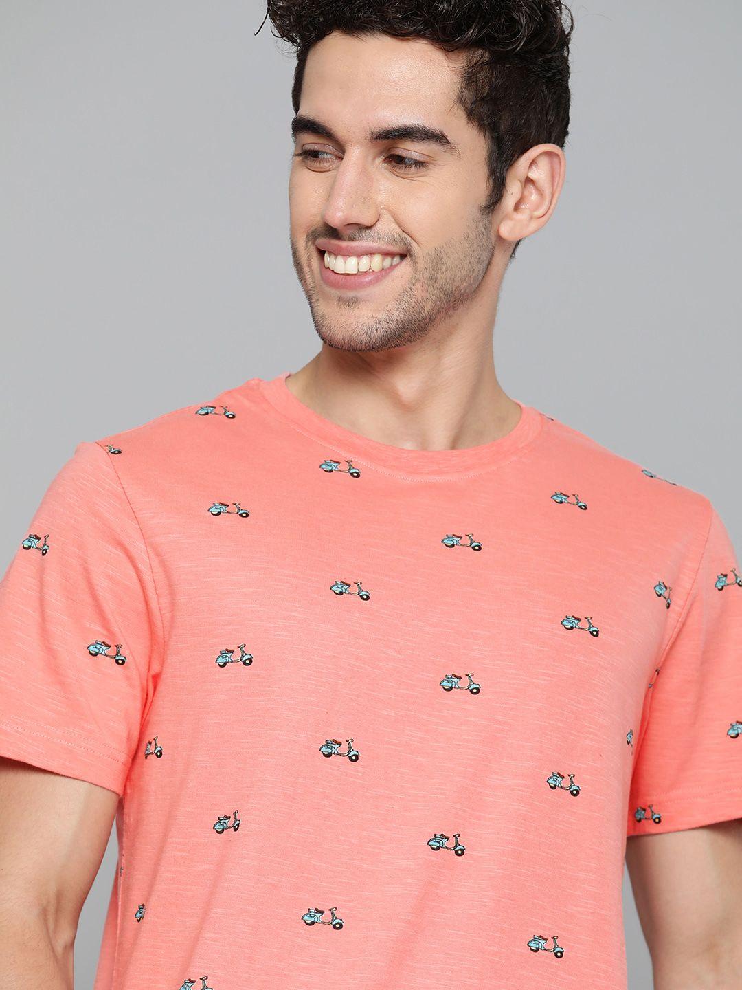 mast & harbour men pink & blue printed cotton handcrafted round neck t-shirt