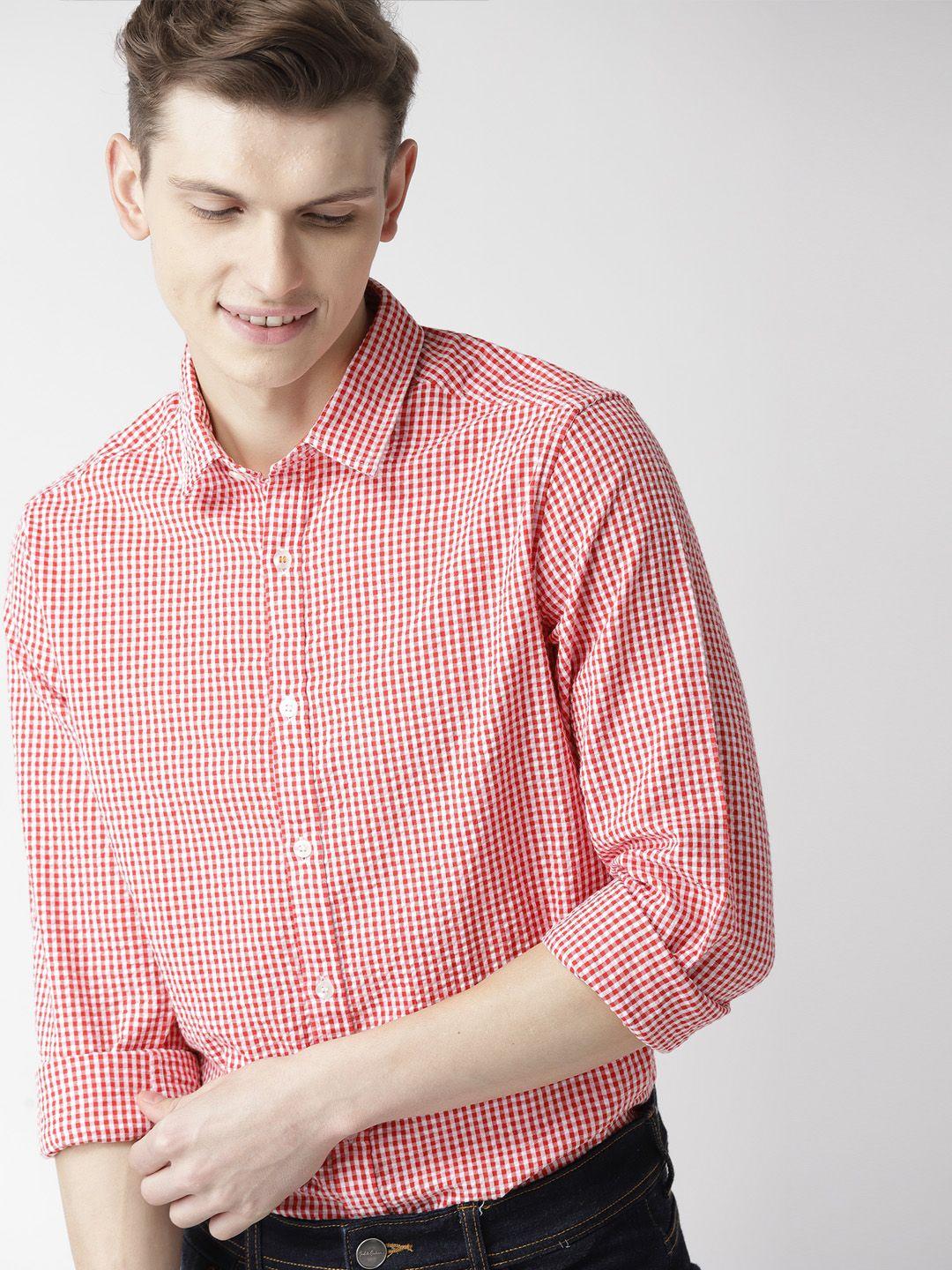 mast & harbour men red & white regular fit checked casual shirt