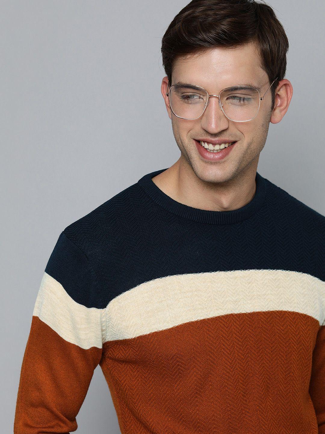 mast & harbour men rust & blue round neck striped pullover