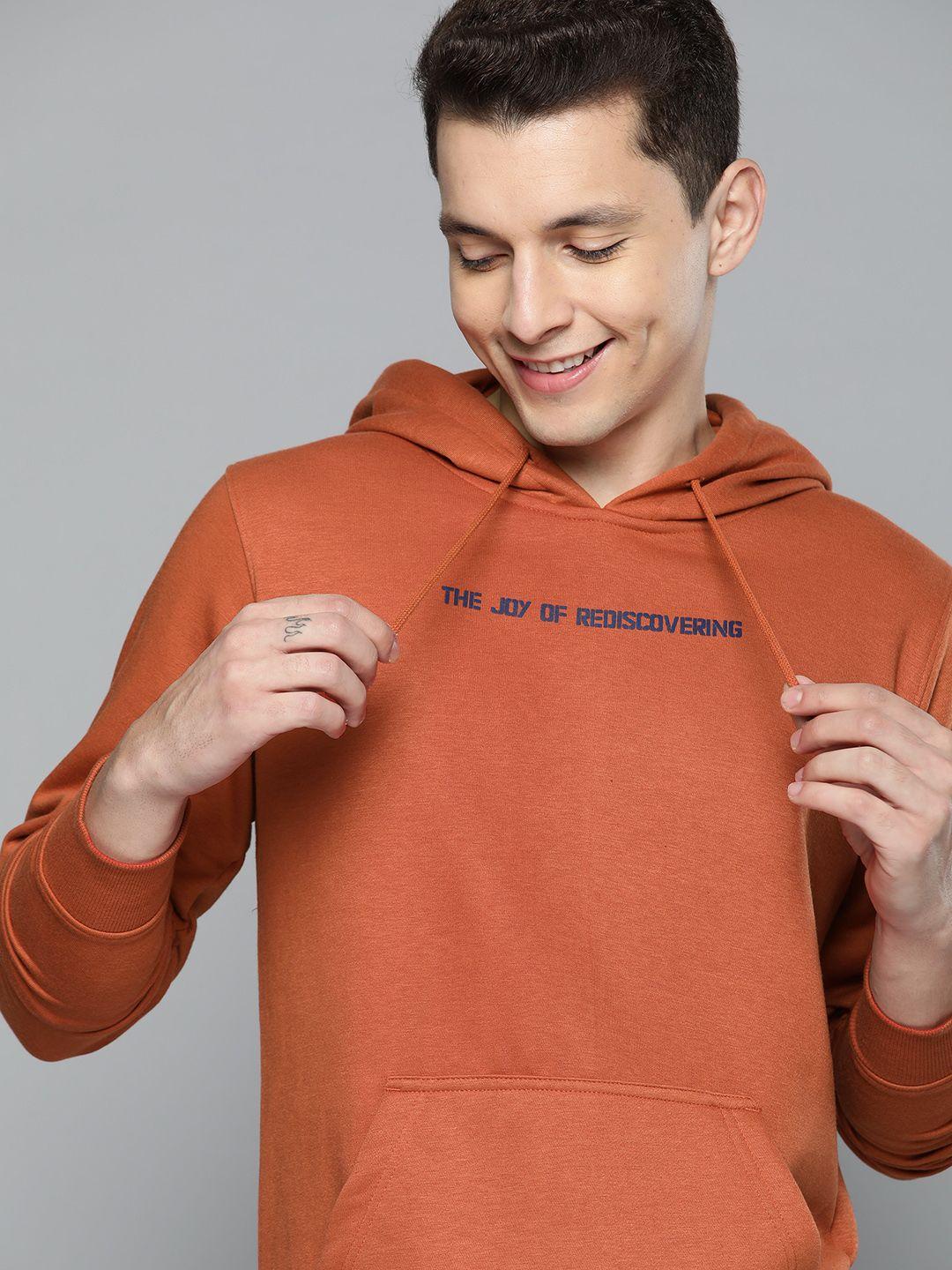 mast & harbour men rust orange typography printed hooded sweatshirt