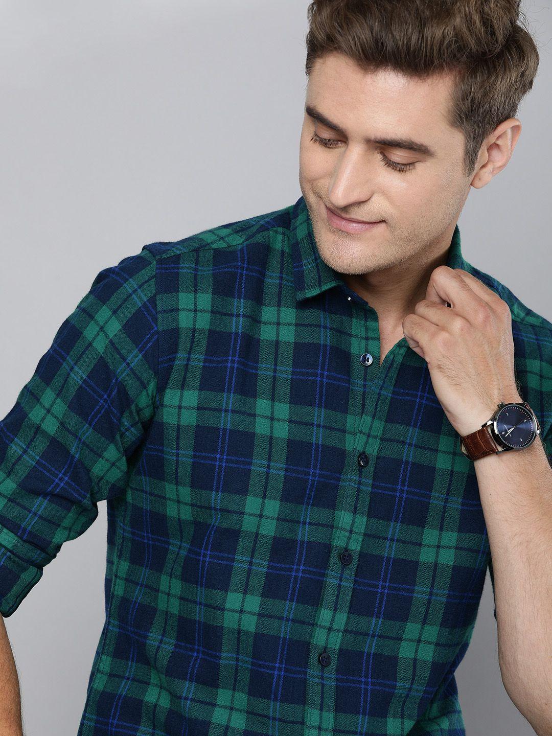 mast & harbour men sea green & navy blue regular fit checked casual sustainable shirt