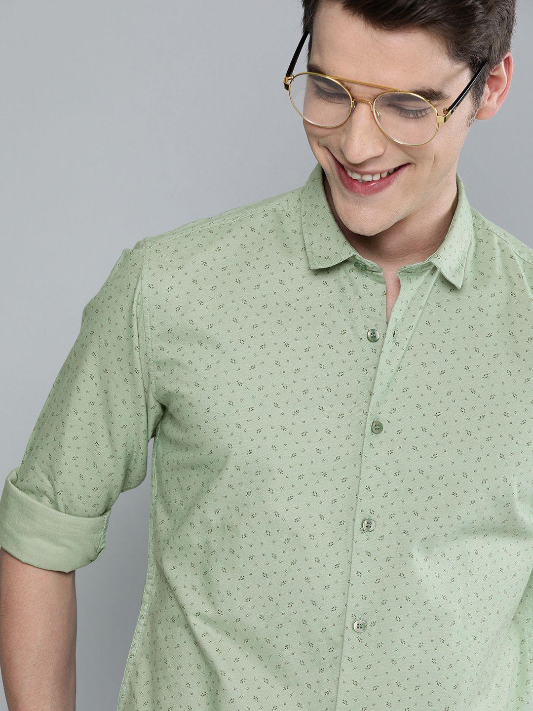 mast & harbour men sea green regular fit printed casual sustainable shirt