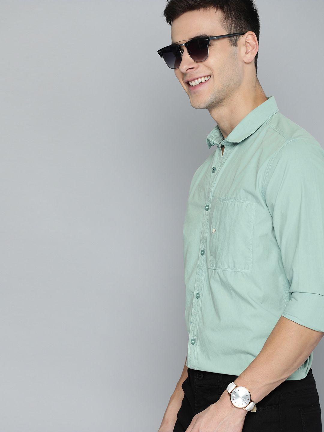 mast & harbour men sea green regular fit solid casual shirt