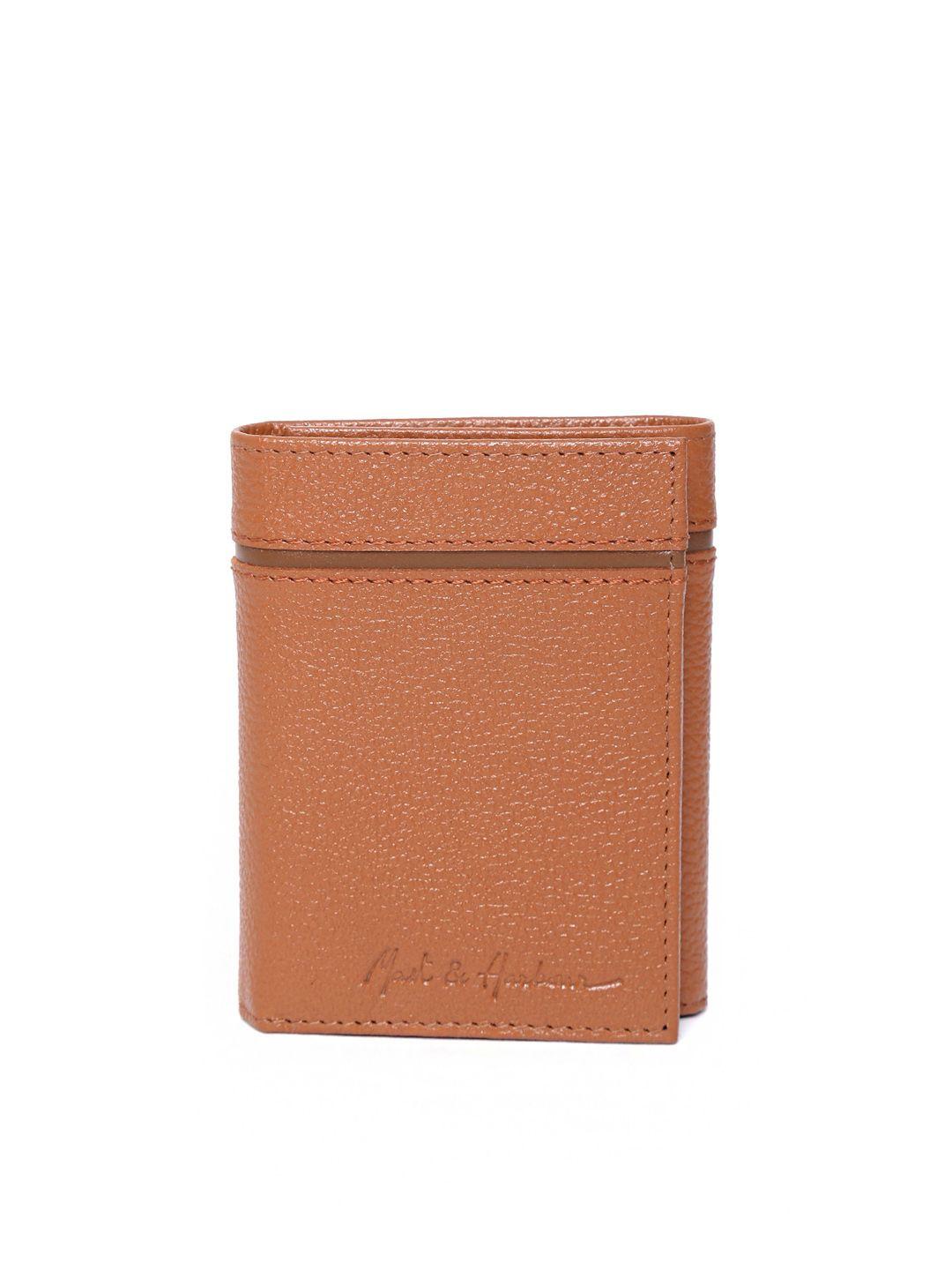 mast & harbour men tan brown solid leather three fold wallet