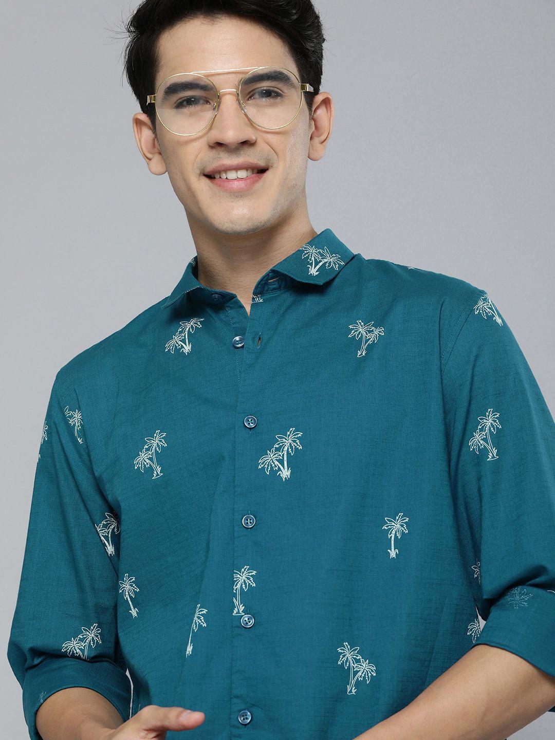 mast & harbour men teal blue & white tropical printed pure cotton casual shirt