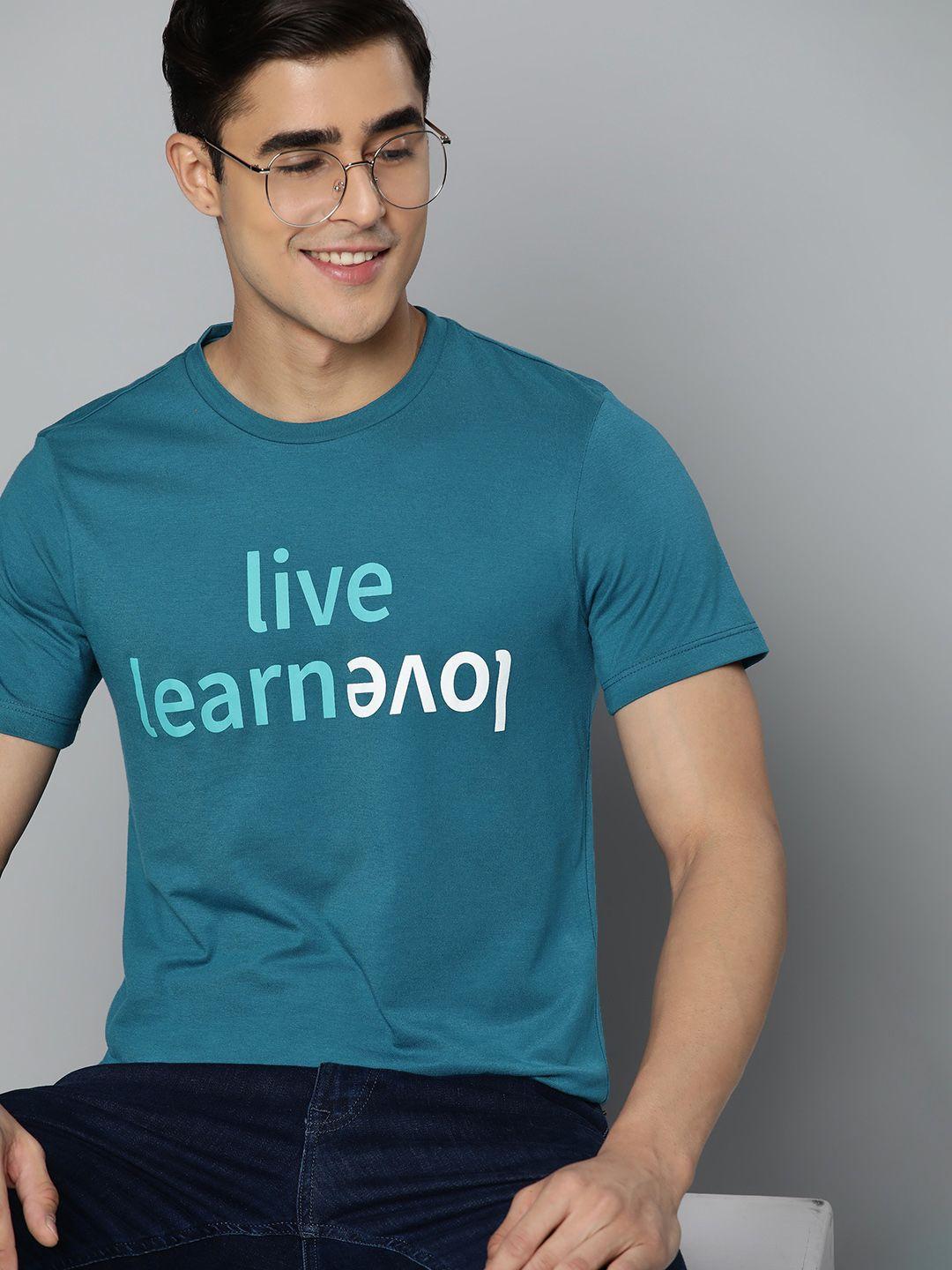 mast & harbour men teal blue & white typography printed t-shirt