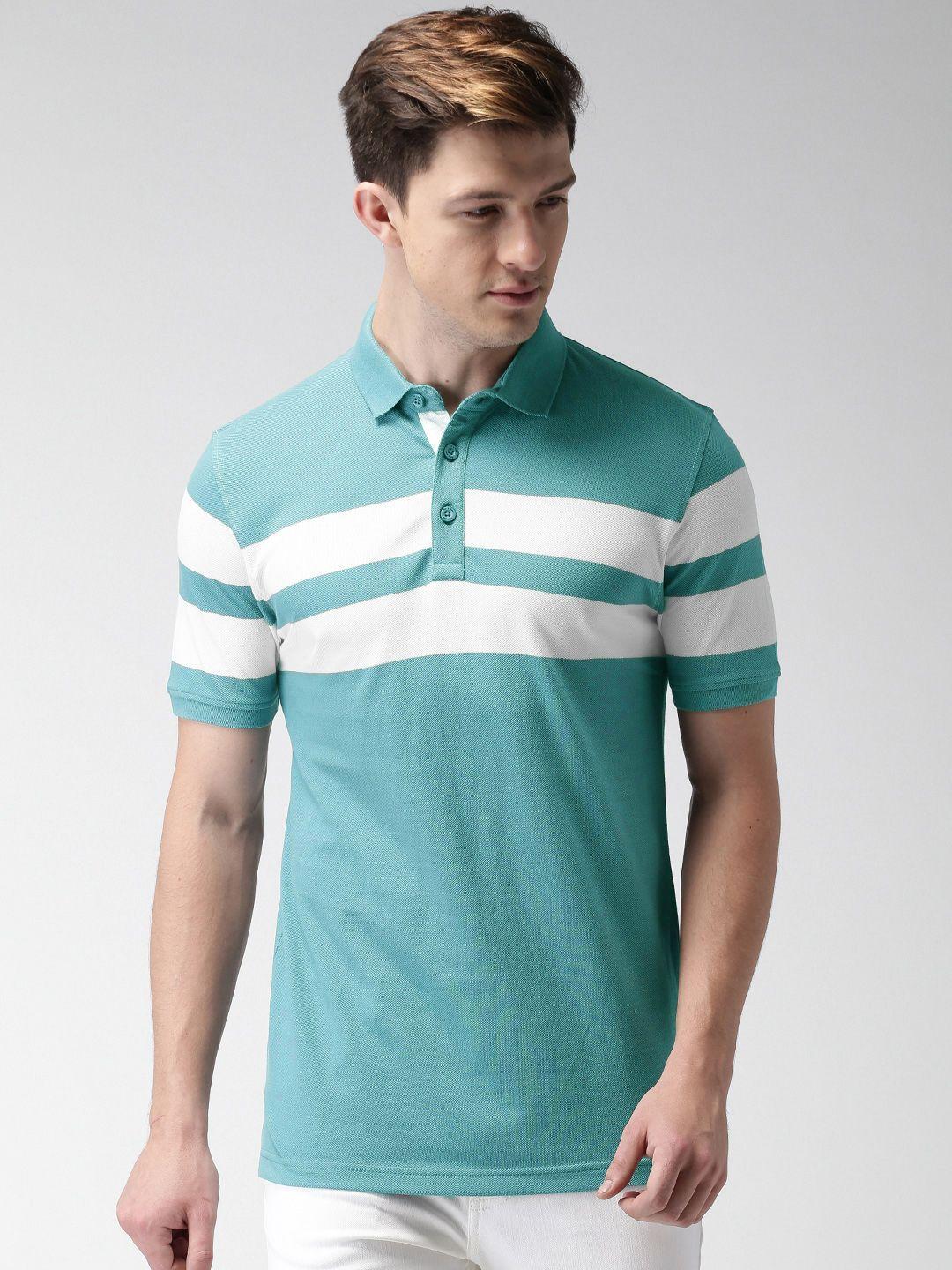 mast & harbour men teal striped polo collar t-shirt