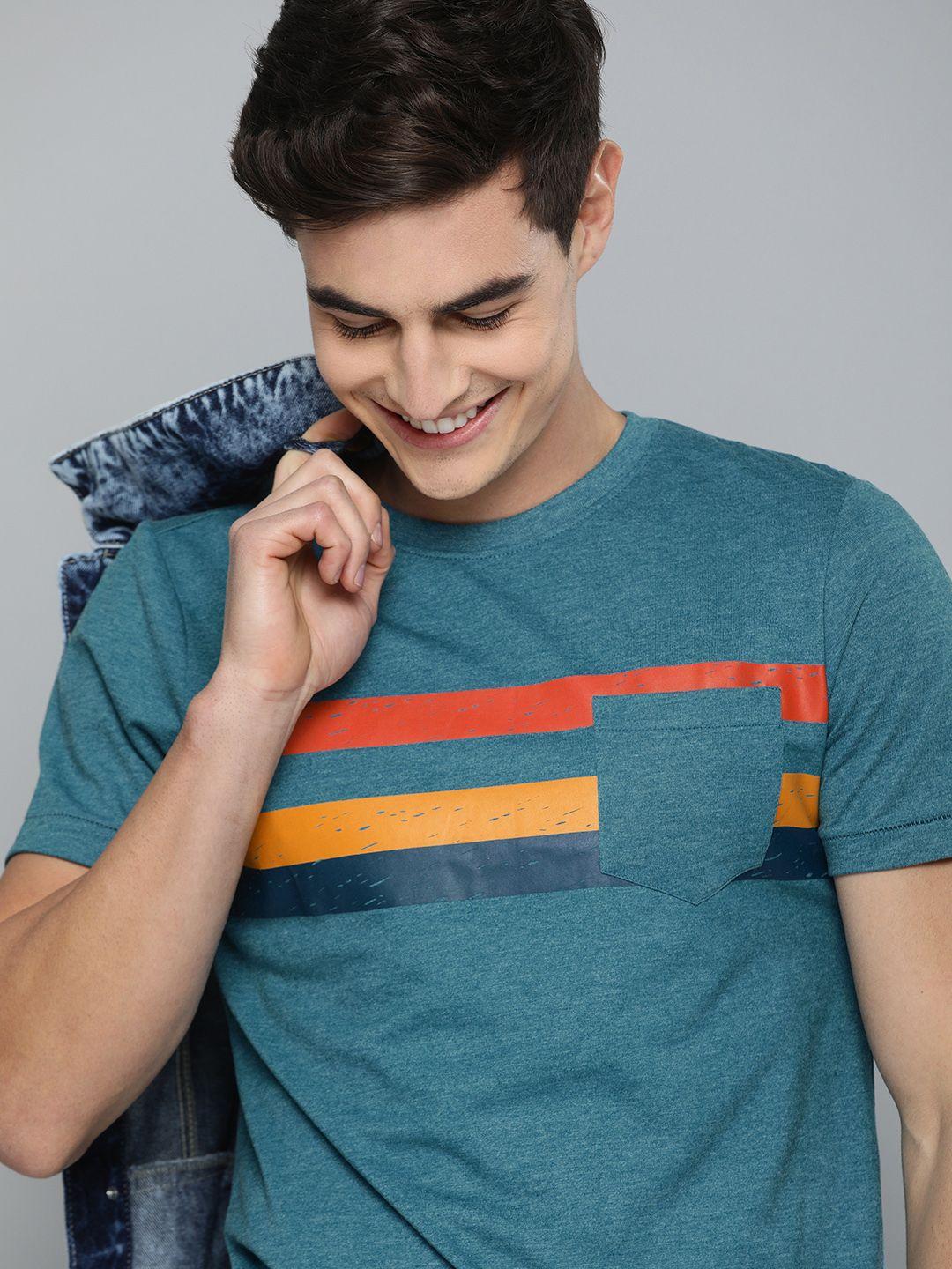 mast & harbour men teal striped round neck t-shirt