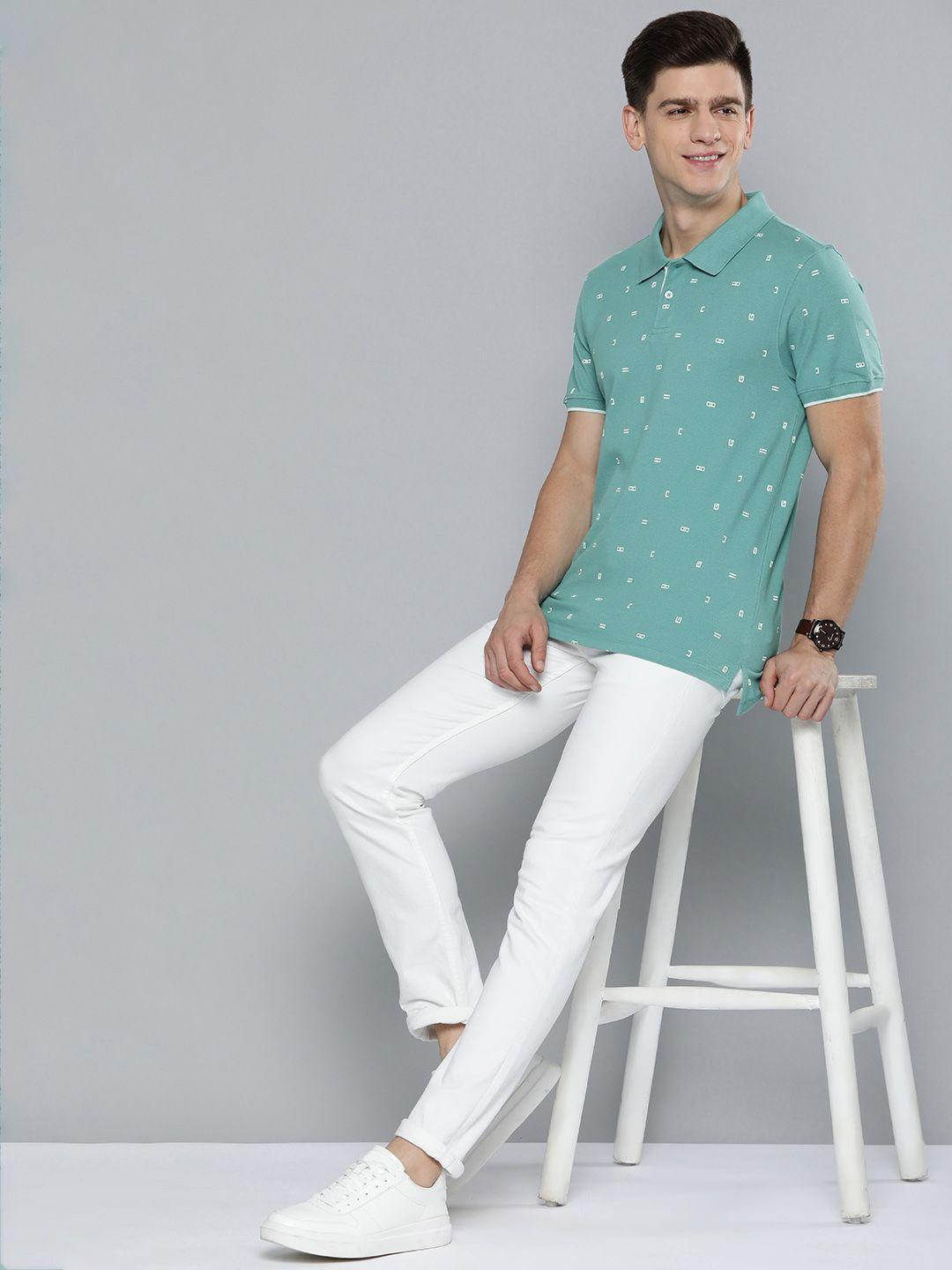 mast & harbour men turquoise blue pure cotton printed polo collar short sleeves t-shirt