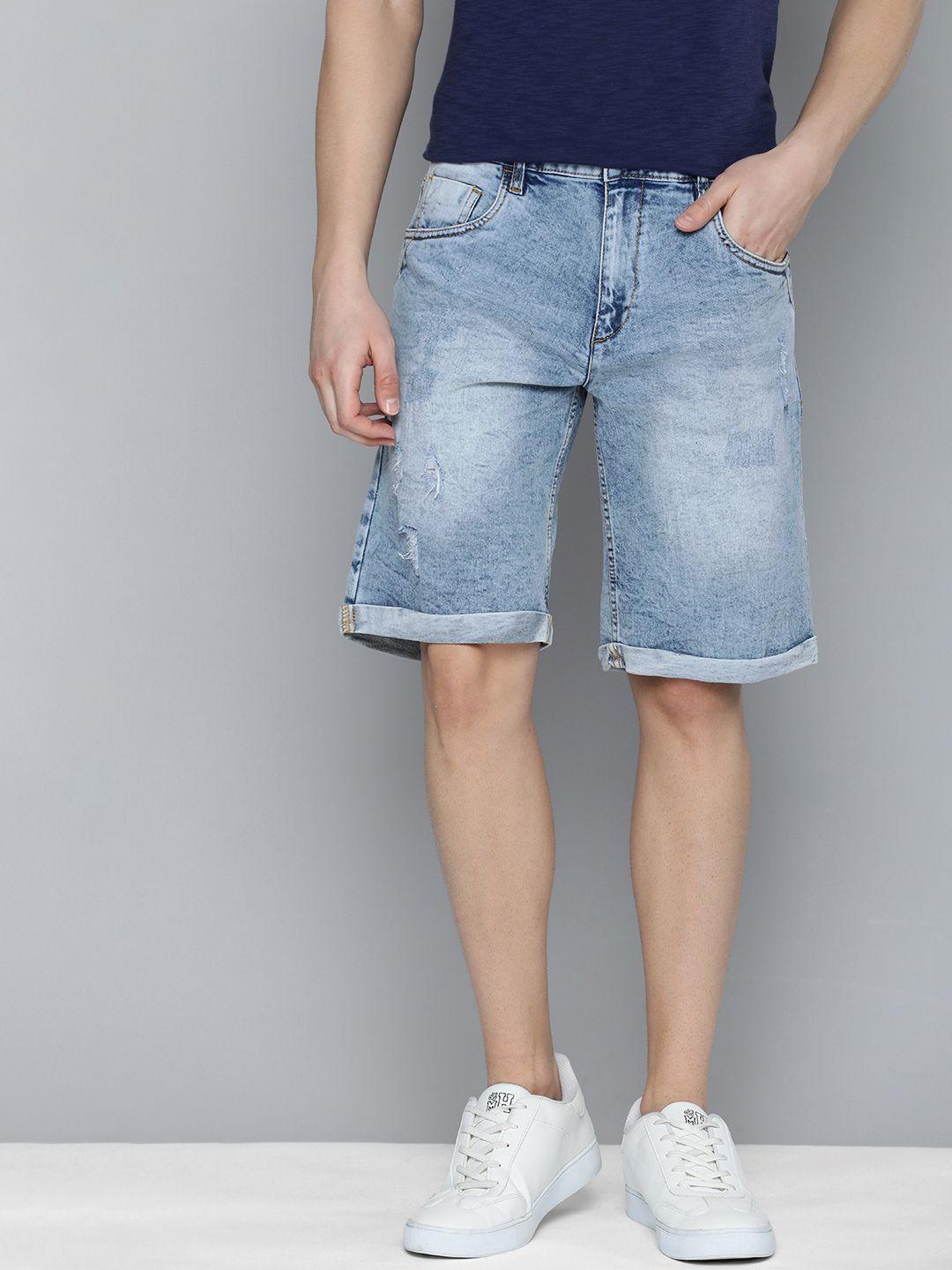 mast & harbour men washed mildly distressed regular fit mid-rise denim shorts