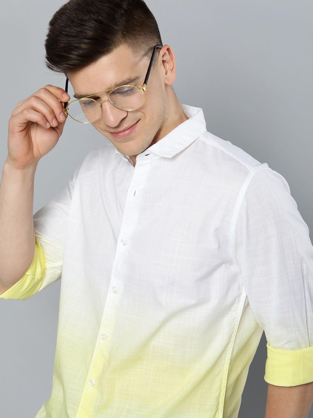 mast & harbour men white & yellow ombre dyed casual pure cotton shirt