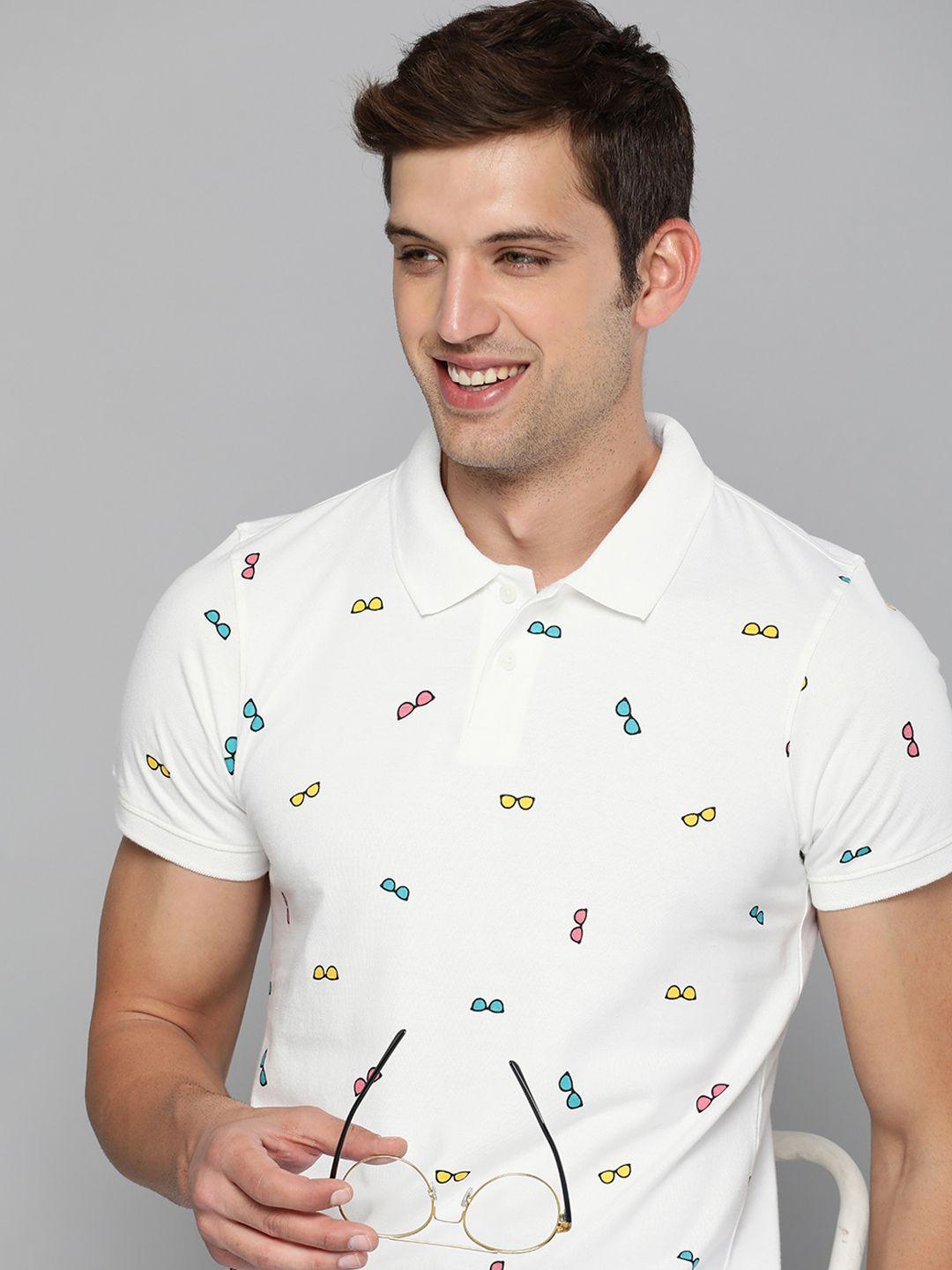 mast & harbour men white pure cotton printed polo collar t-shirt