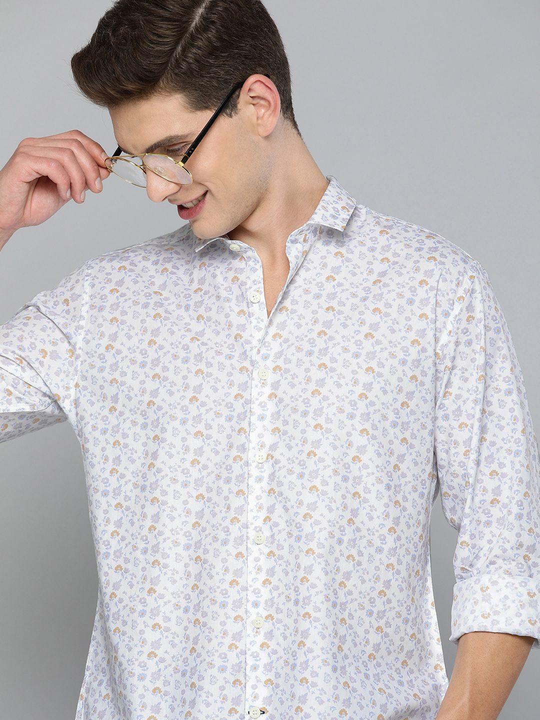 mast & harbour men white regular fit floral opaque printed pure cotton casual shirt