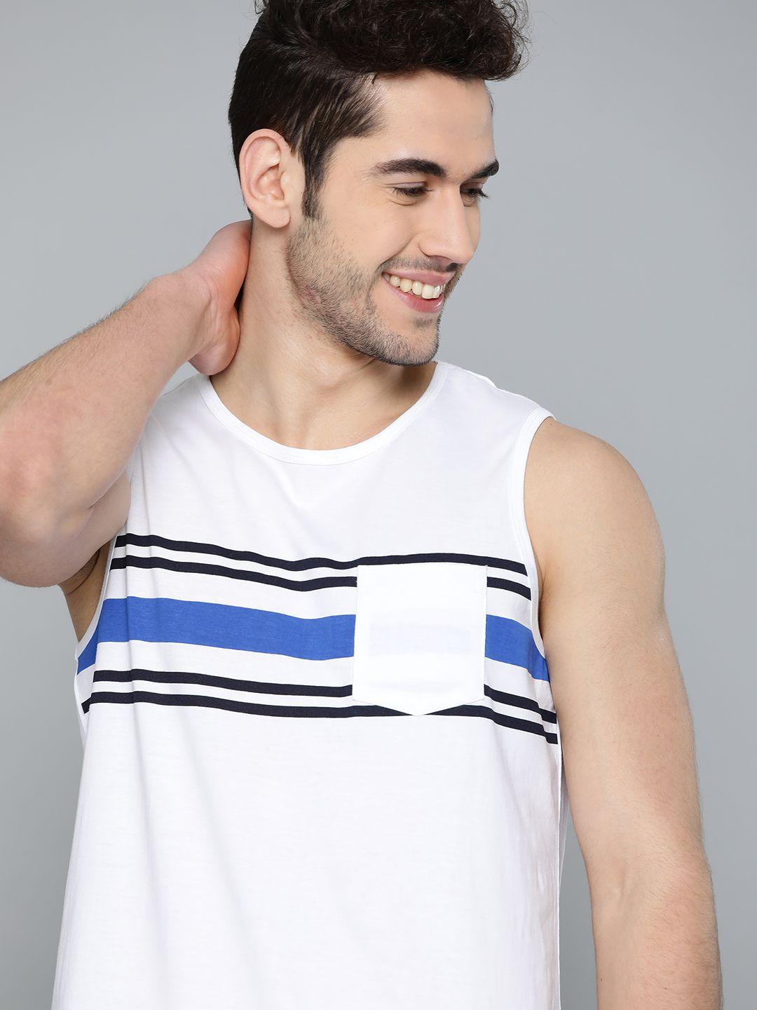 mast & harbour men white striped pure cotton round neck t-shirt