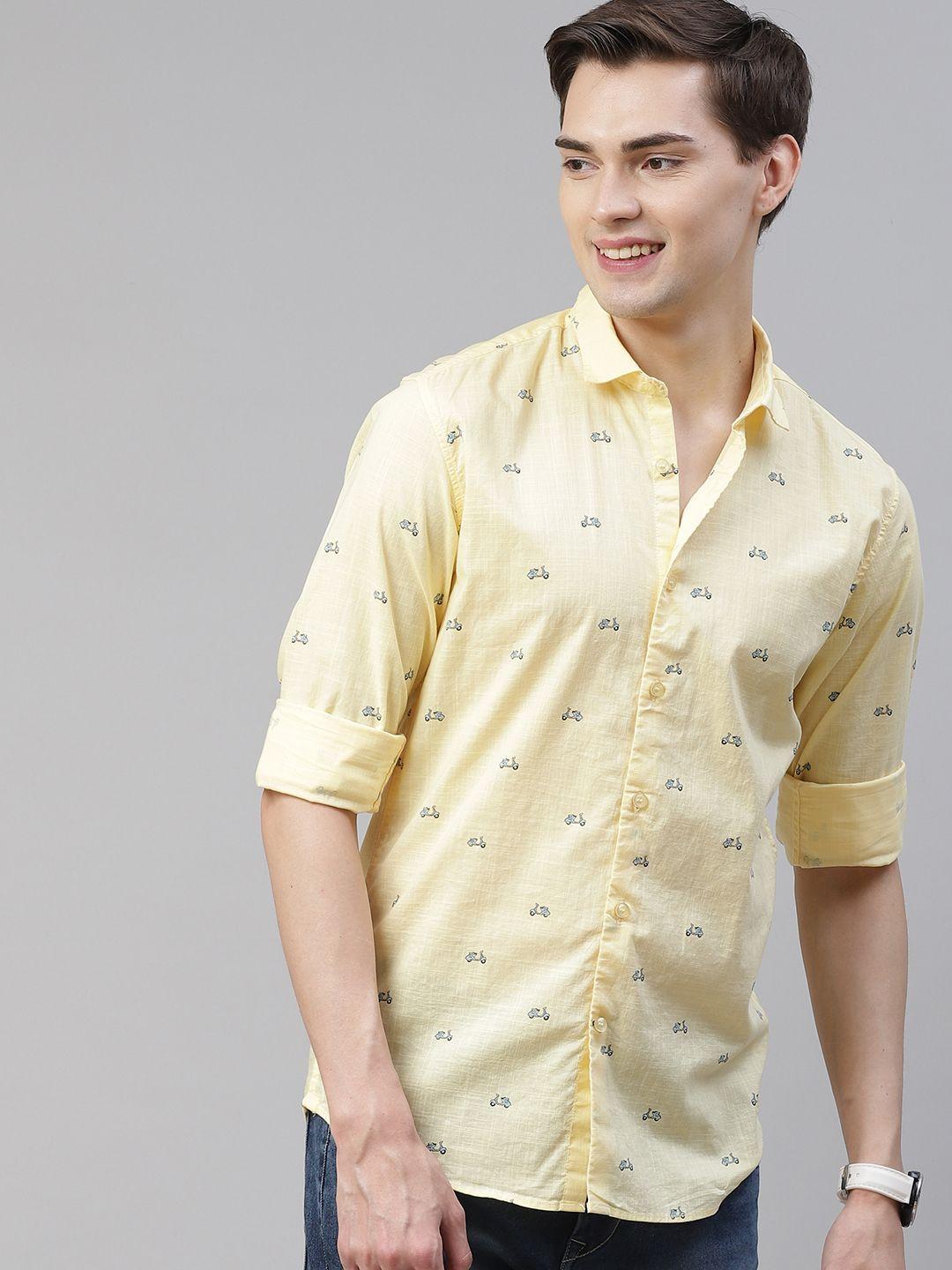 mast & harbour men yellow & black regular fit pure cotton printed casual shirt