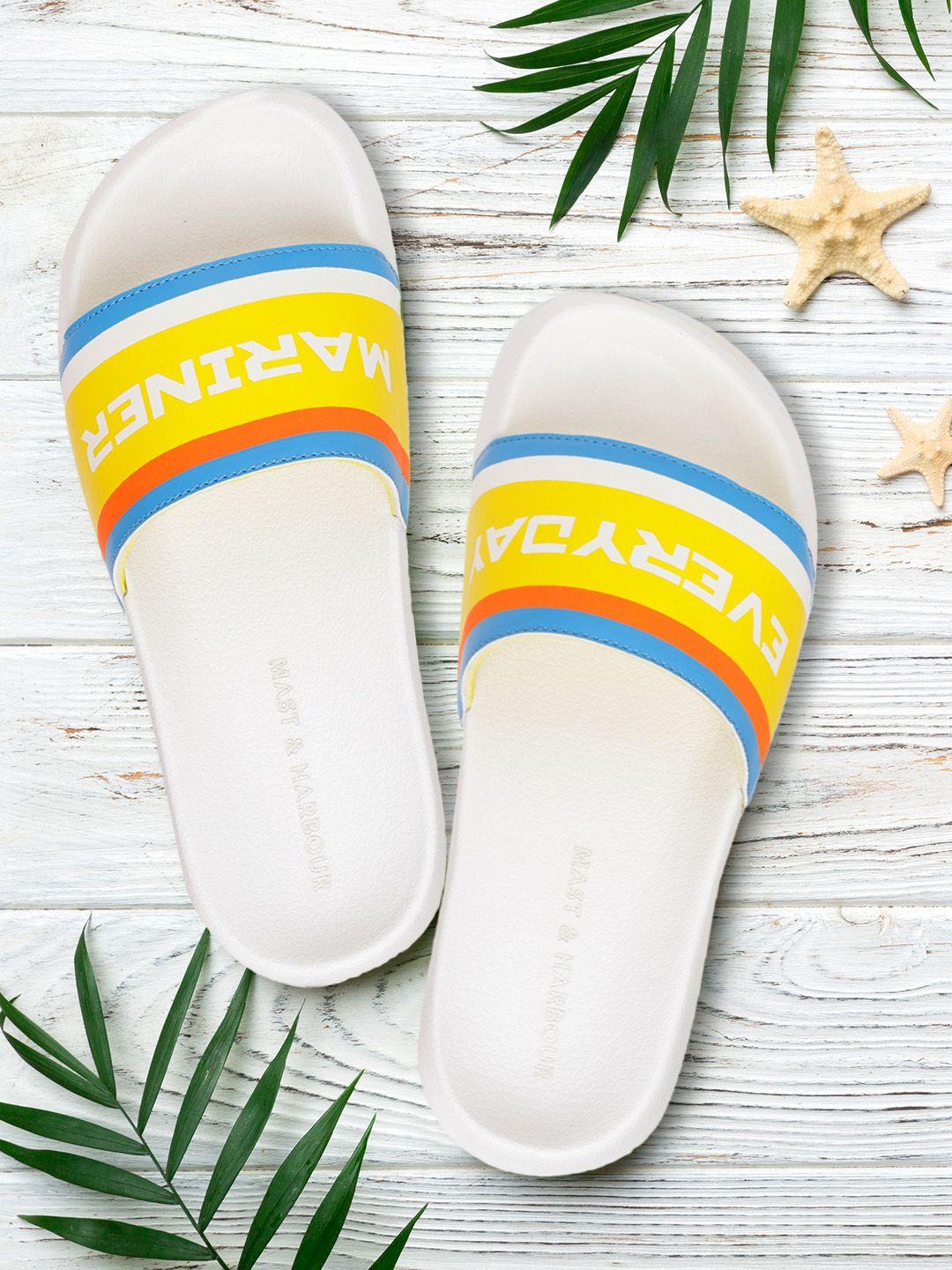 mast & harbour men yellow & white typography printed sliders with striped detail