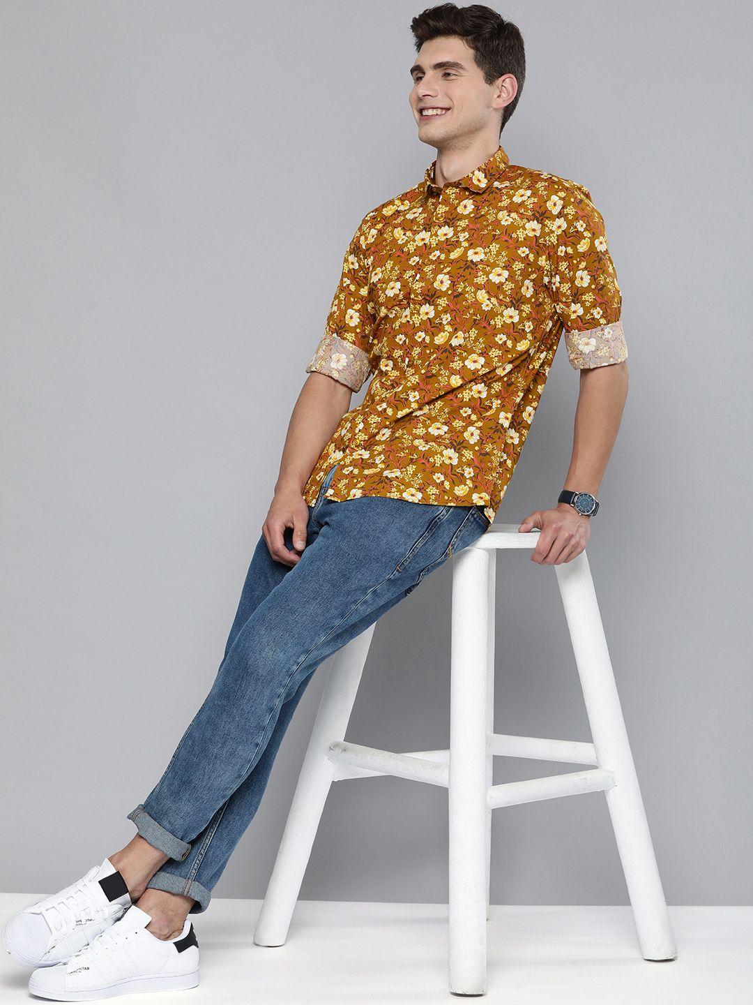 mast & harbour men yellow floral opaque printed casual shirt