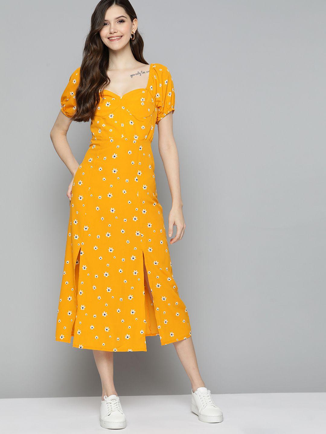 mast & harbour mustard yellow & white floral a-line midi dress