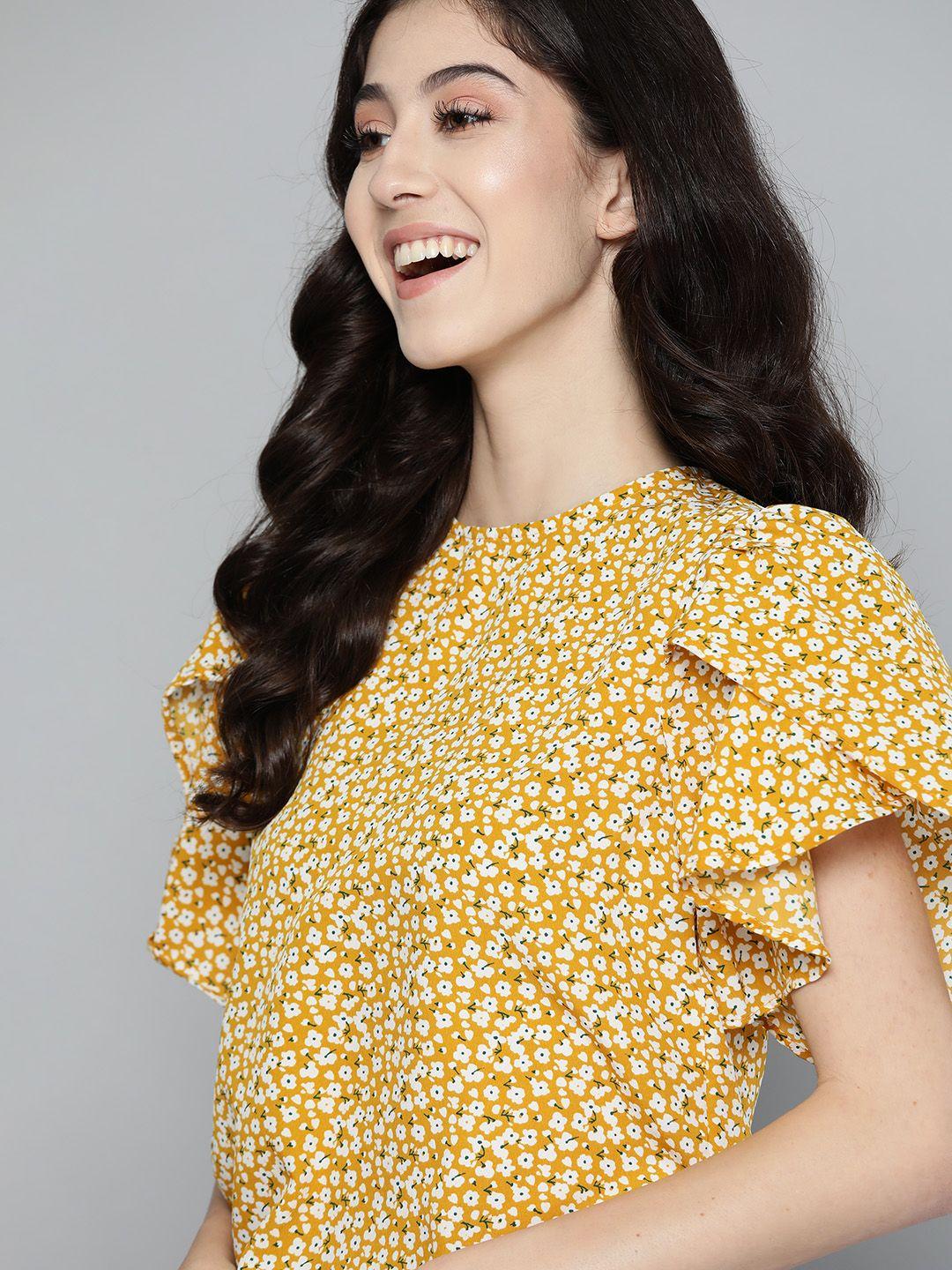 mast & harbour mustard yellow & white floral print flutter sleeve top