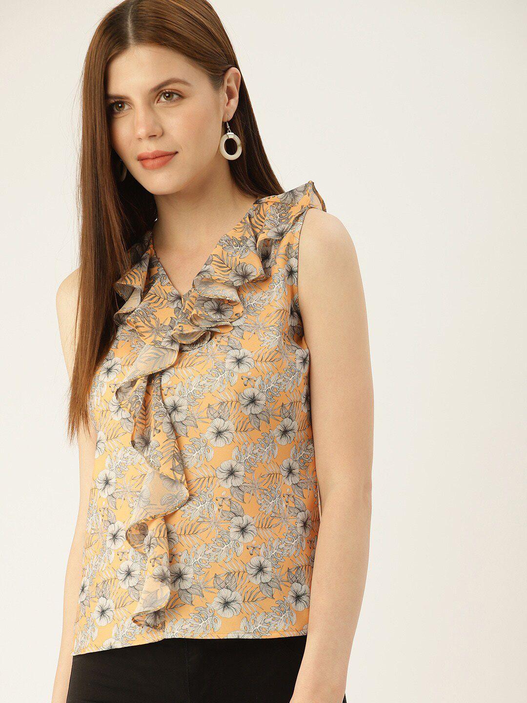 mast & harbour mustard yellow floral printed v-neck ruffles top