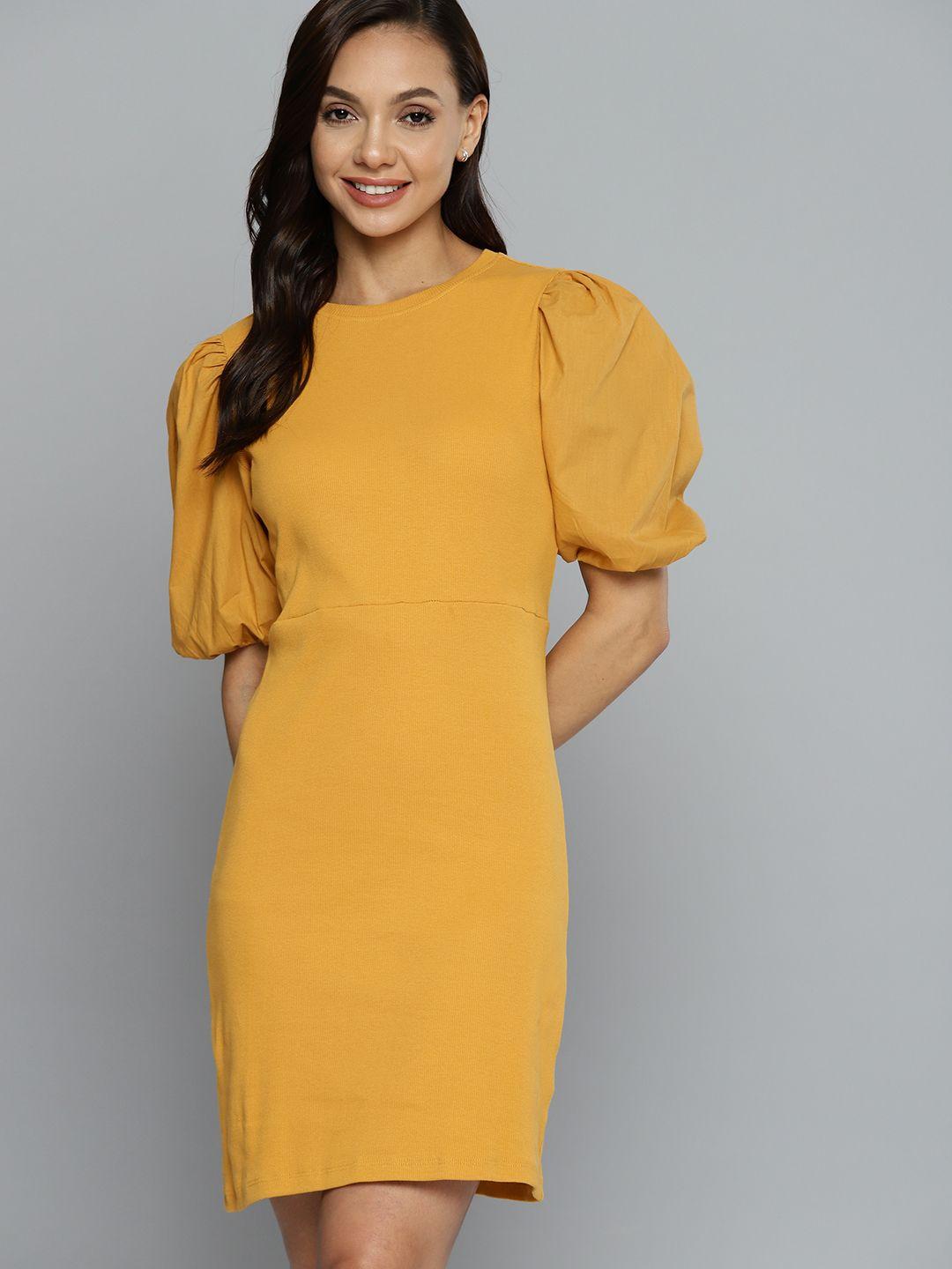 mast & harbour mustard yellow puff sleeve bodycon dress